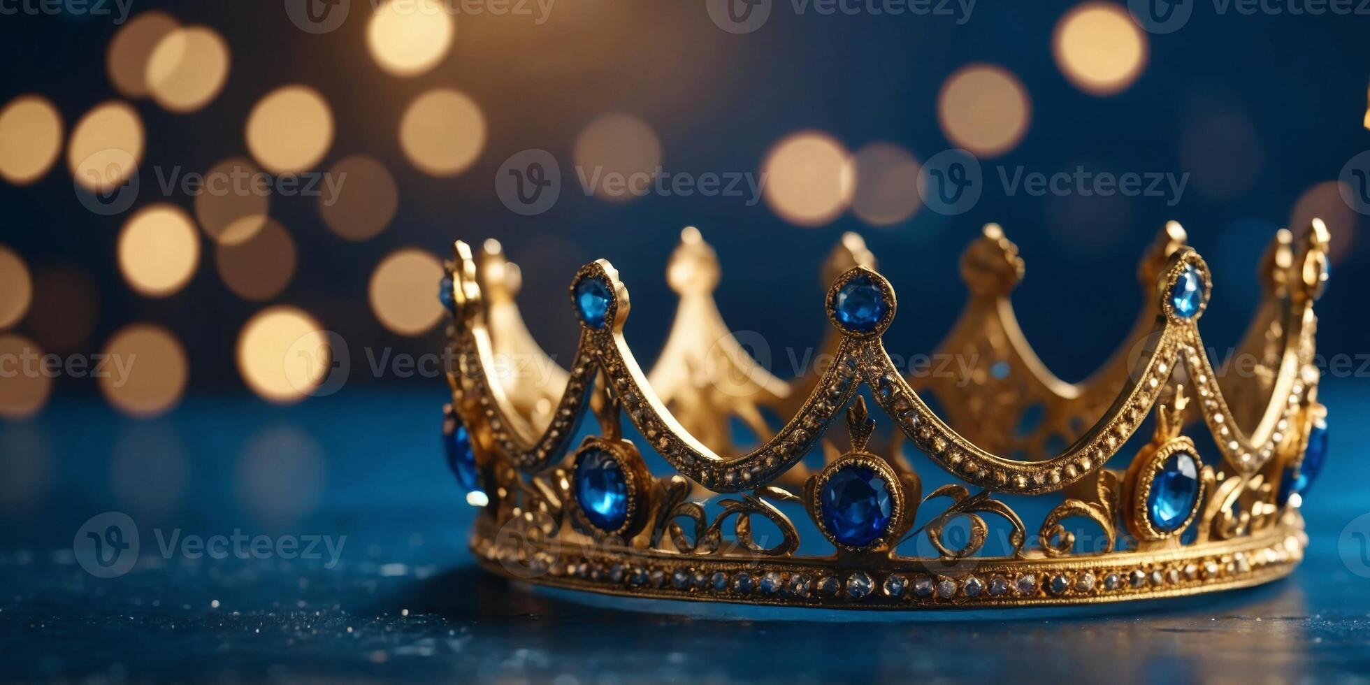 Gold crowns on blue background with bokeh lights. photo