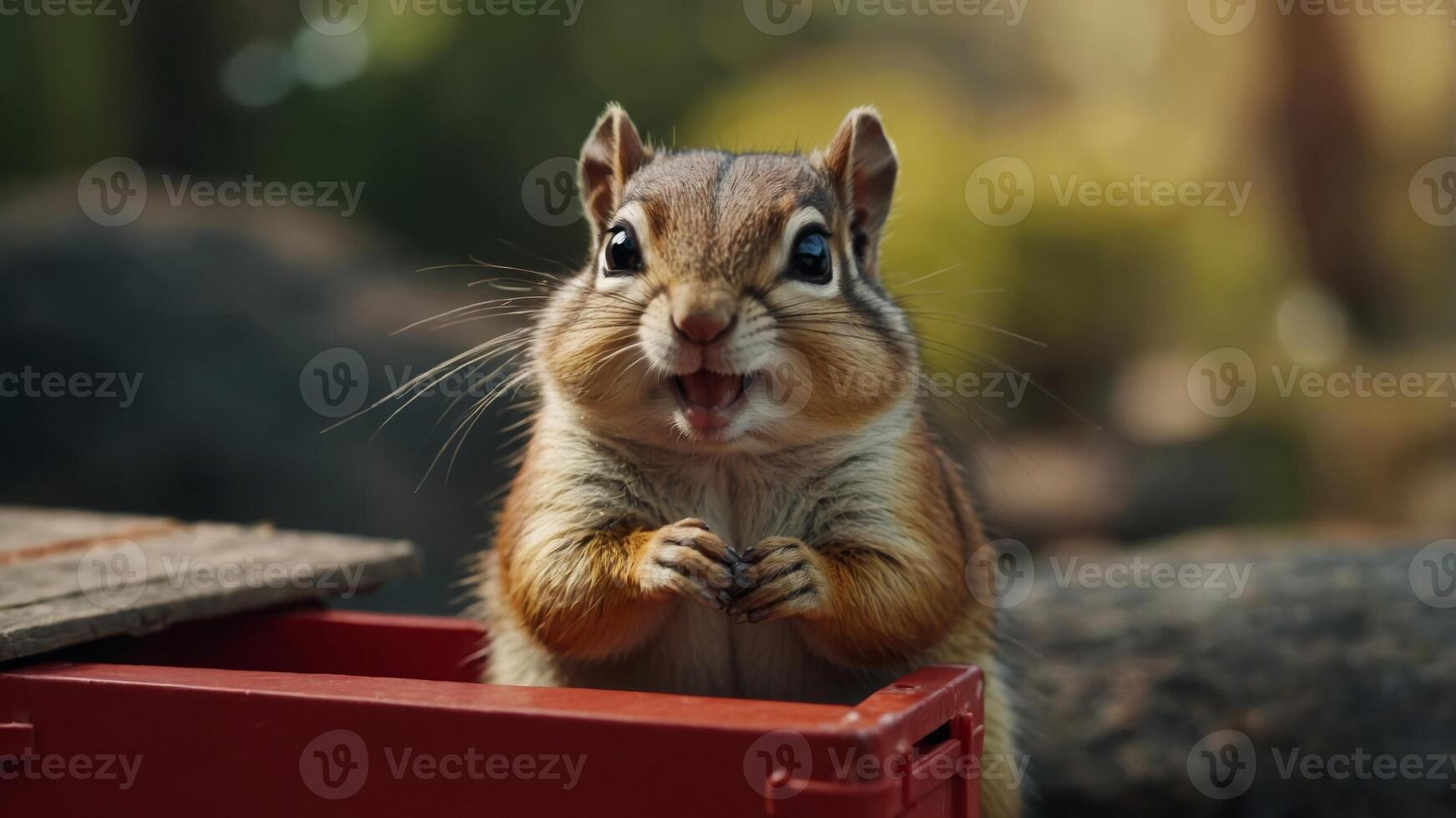 Funny animal chipmunk hold box, delivery concept. photo
