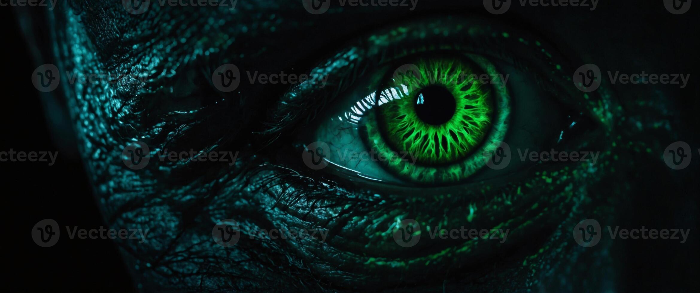 Glowing green eye of a mysterious man Serious expression Evil man in the dark Intense gaze Paranormal glowing eye concept Closeup of glowing evil eyes in the dark Halloween creepy concept. photo