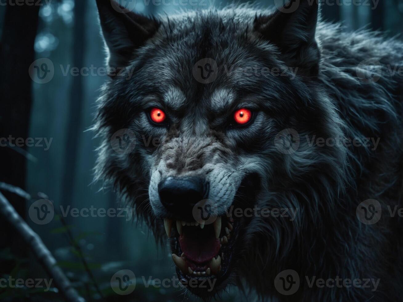 Glowing eyes Werewolf lycanthrope Dark misty forest full moon Evil glowing eyes and sharp fangs. photo