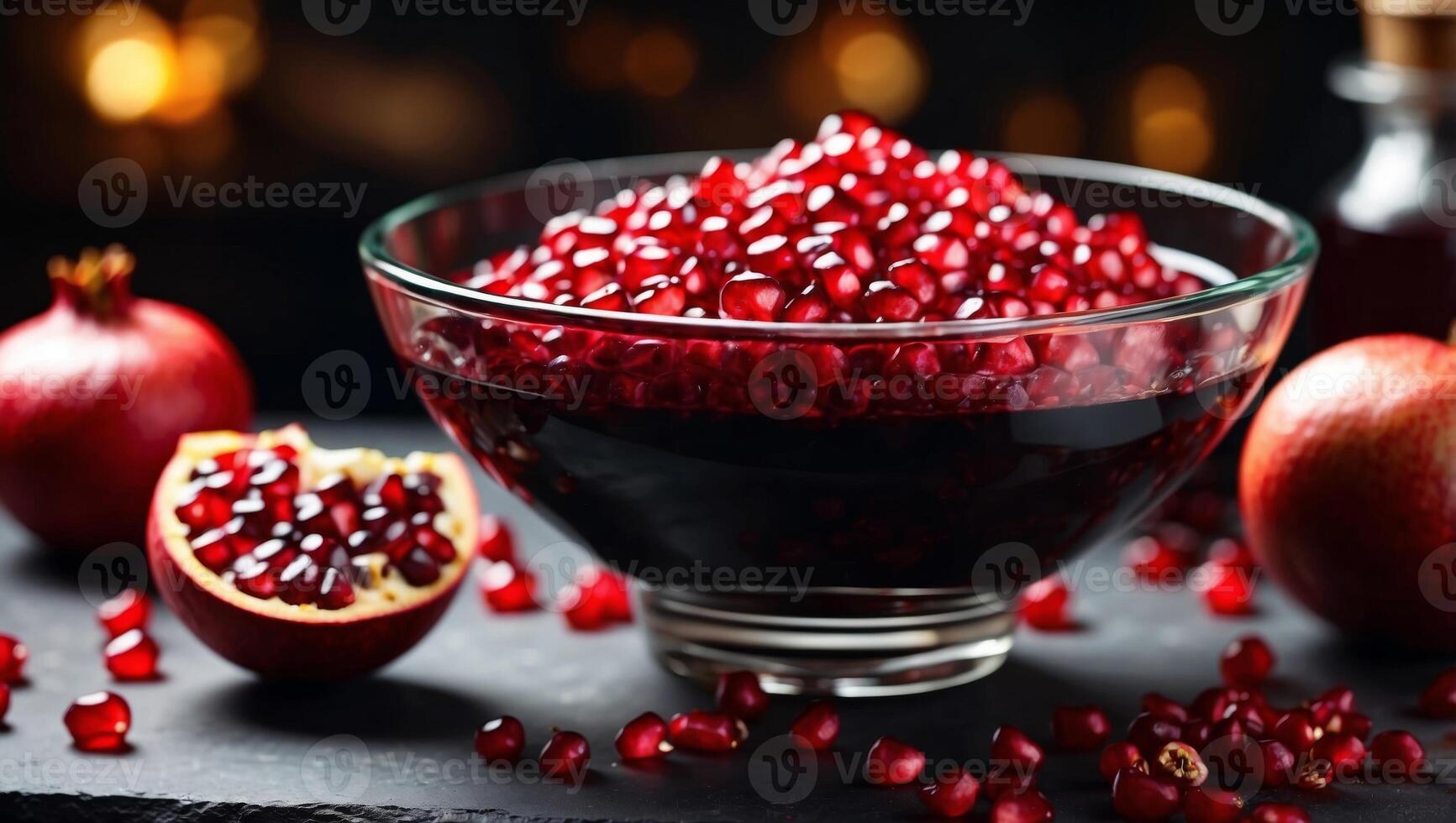 Glass bowl of pomegranate molasses with ripe fruit and split pomegranate on table. photo