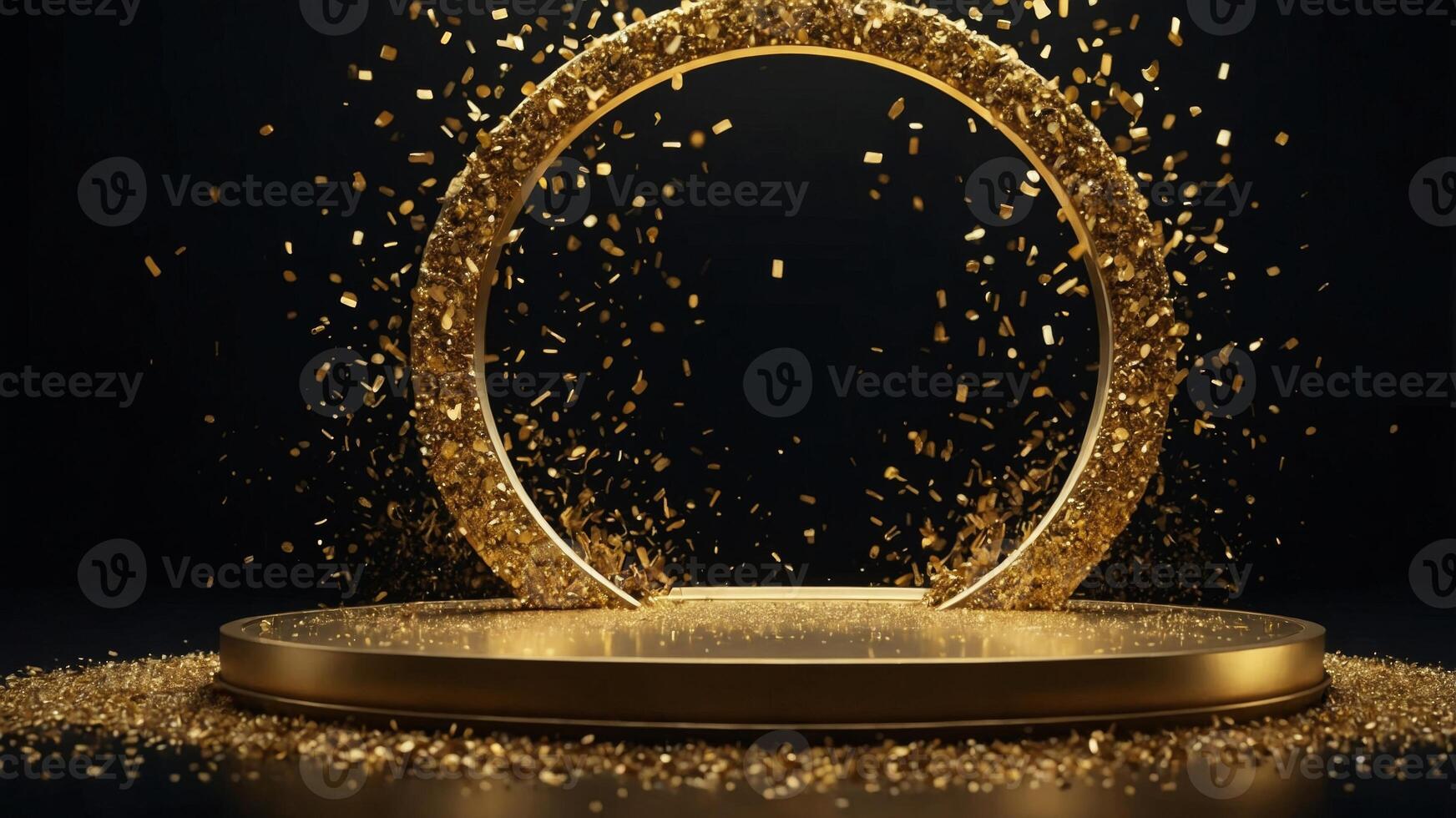 Gleaming gold circle podium with particles A luxurious golden podium in the form of a glowing circle, immersed in a sea of sparkling golden particles on a deep black background. photo