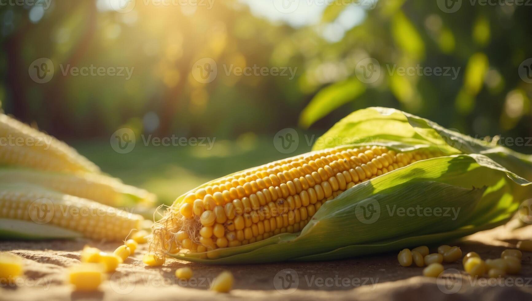 dorado veranos bendición un Fresco maíz mazorca de cerca desde un soleado picnic. foto