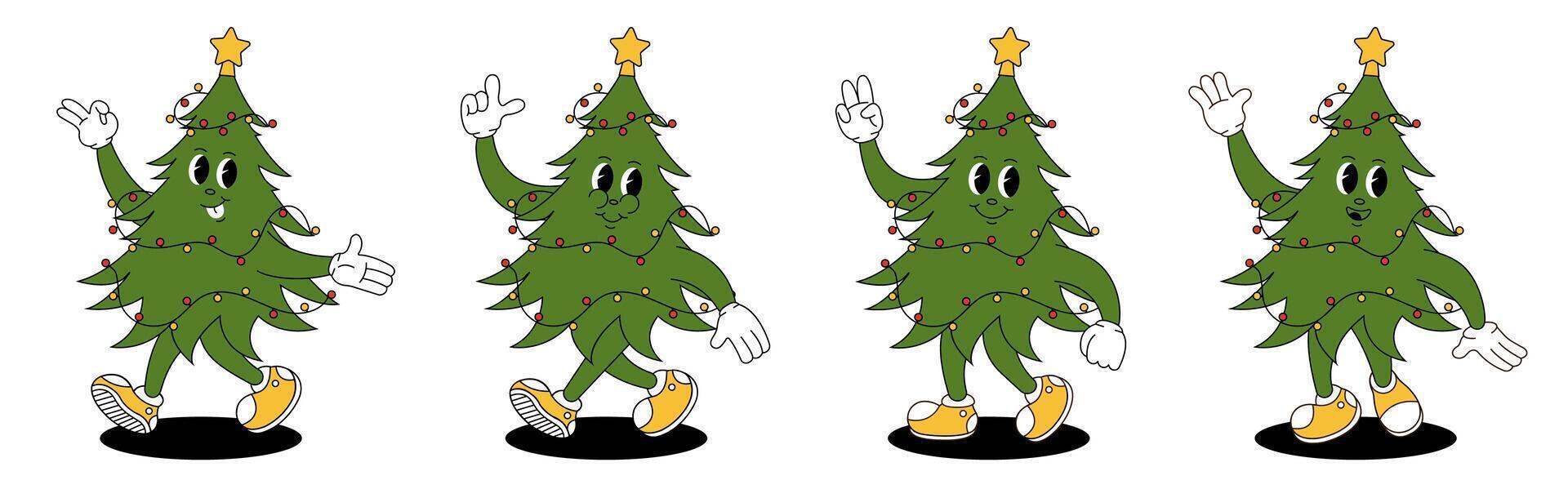 Groovy retro Christmas tree. Christmas characters in groovy style. vector