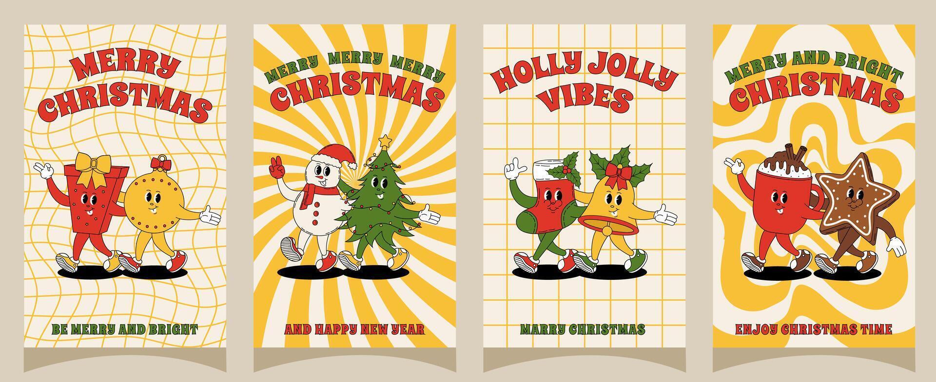Groovy retro Merry Christmas and Happy New year posters. Set of christmas characters for posters, party invitations, greeting cards, stories template, postcard, prints in groovy style. vector
