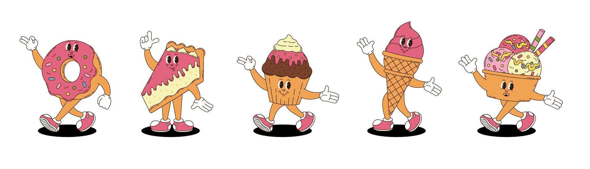 Retro groovy desserts characters set. Donut, cupcake, cheesecake, ice cream. vector