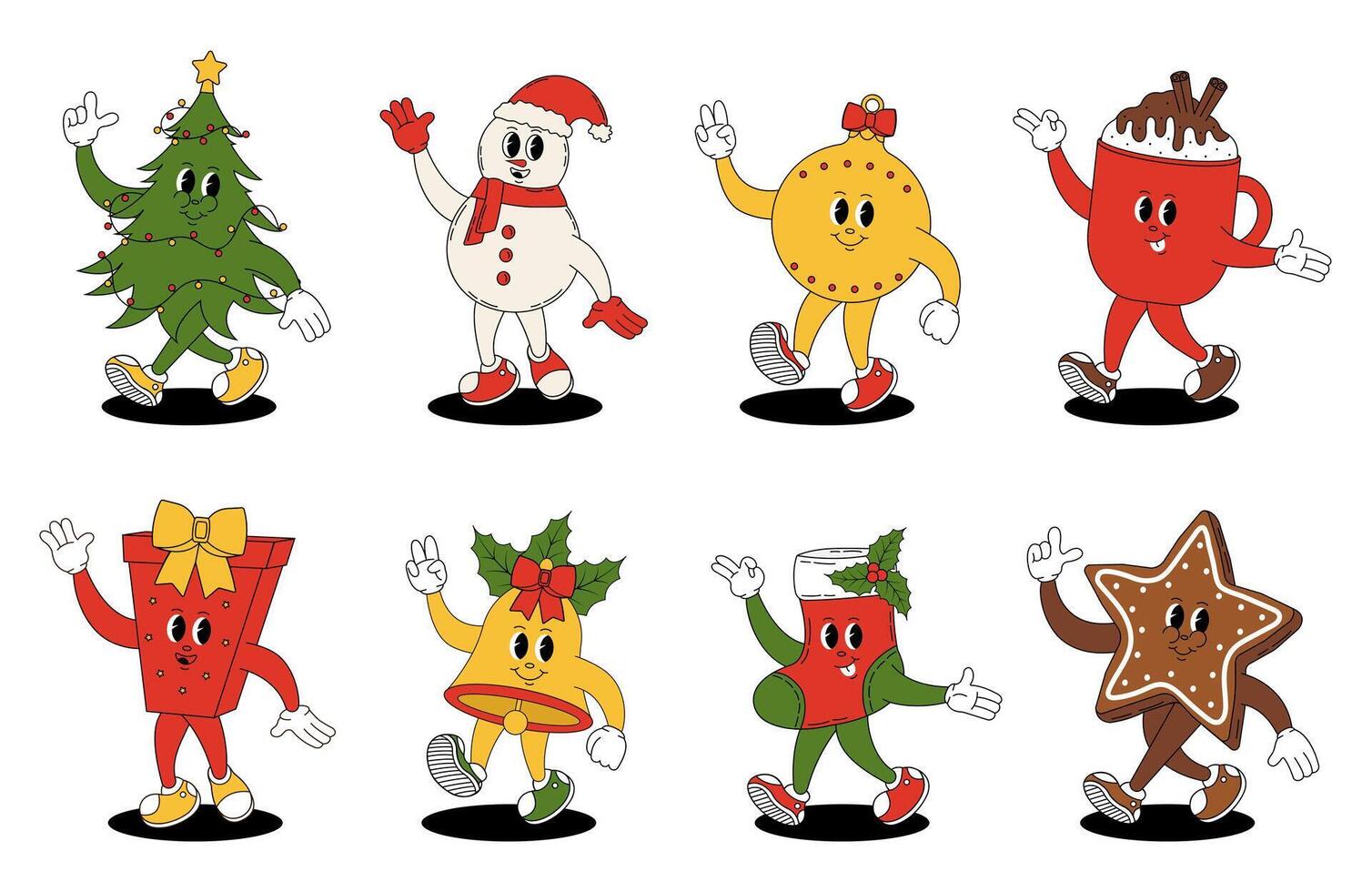 Groovy retro Merry Christmas and Happy New year. Christmas characters in groovy style. Christmas tree, toy, bell, boot, gift, mug of hot chocolate, snowman, gingerbread. vector