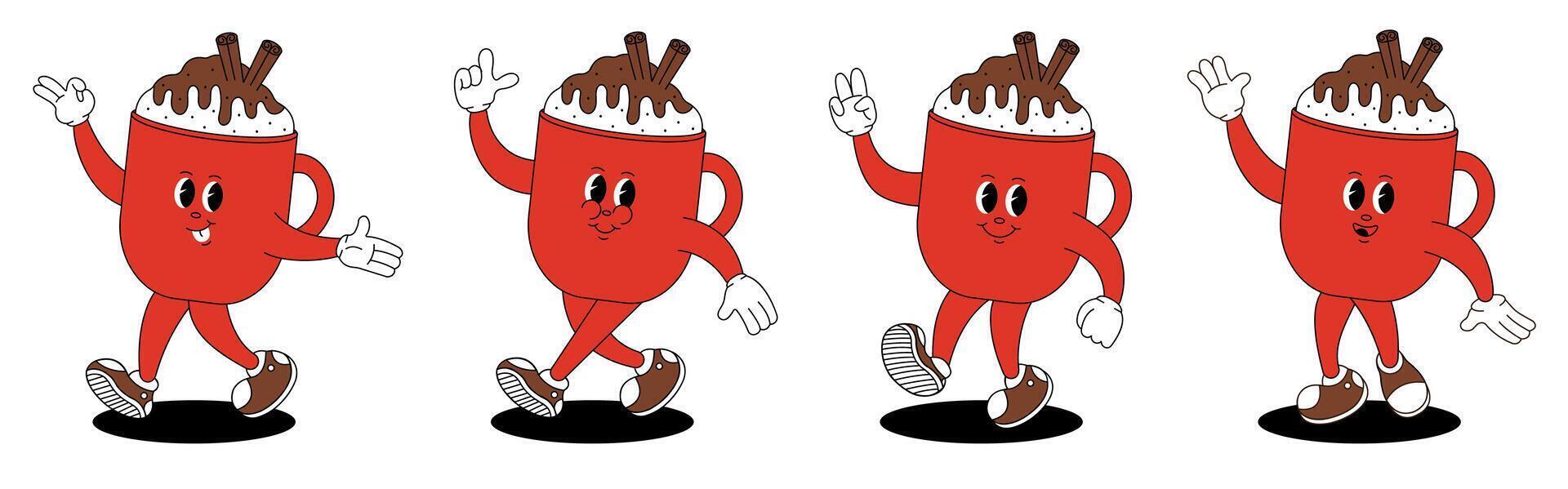 Groovy retro Christmas mug of hot chocolate. Christmas characters in groovy style. vector