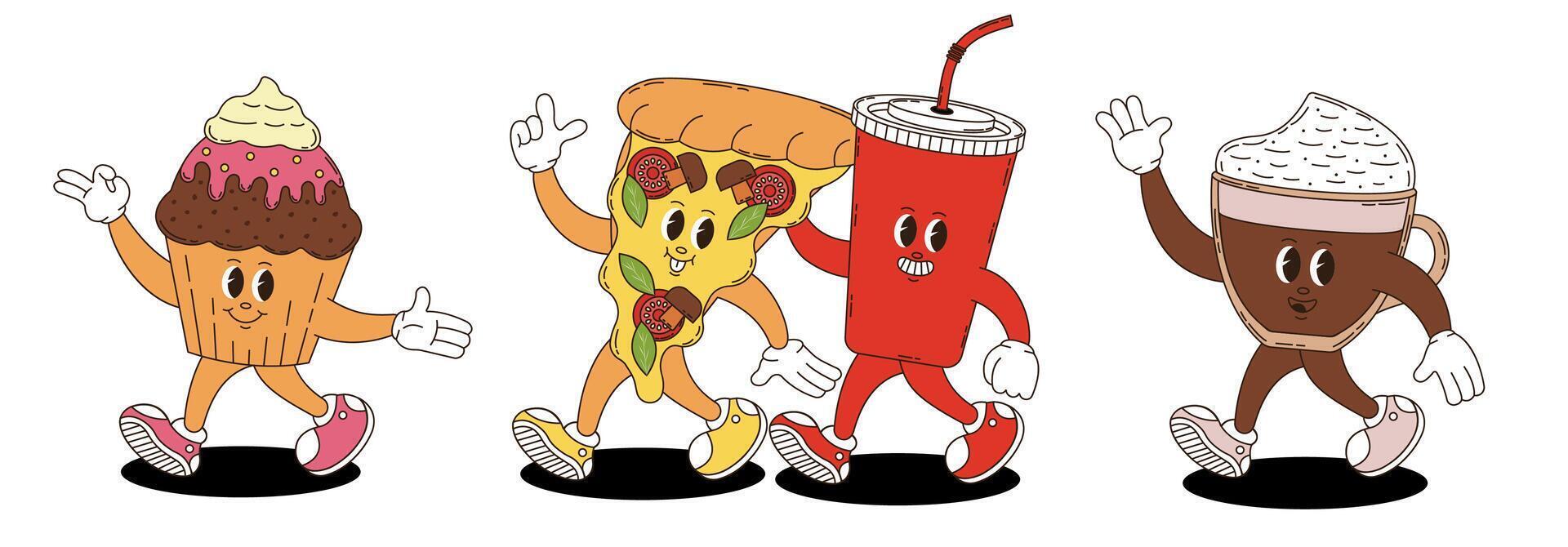 Retro groovy fast food, desserts and coffee characters set. Coffee, soda, cupcake, pizza. vector