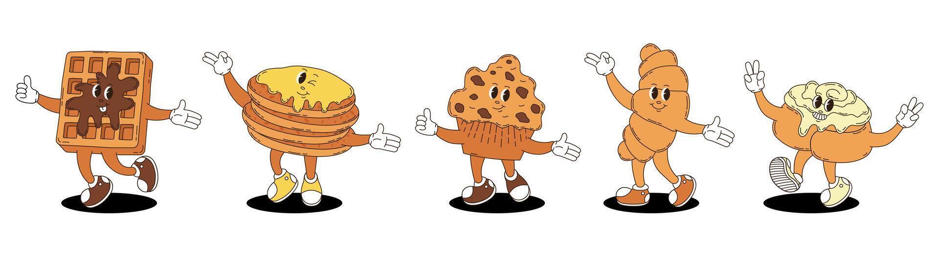 Retro groovy desserts characters set. Waffle, pancakes, cupcake, croissant, cinnabon. vector
