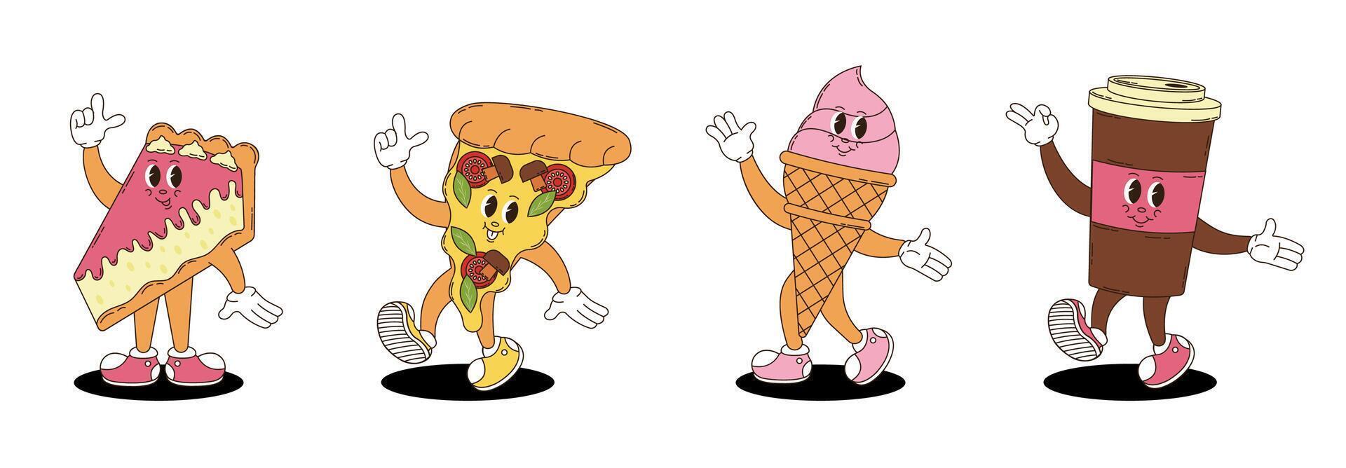 Retro groovy fast food, desserts and coffee characters set. Coffee, pizza, cheesecake and ice cream. vector