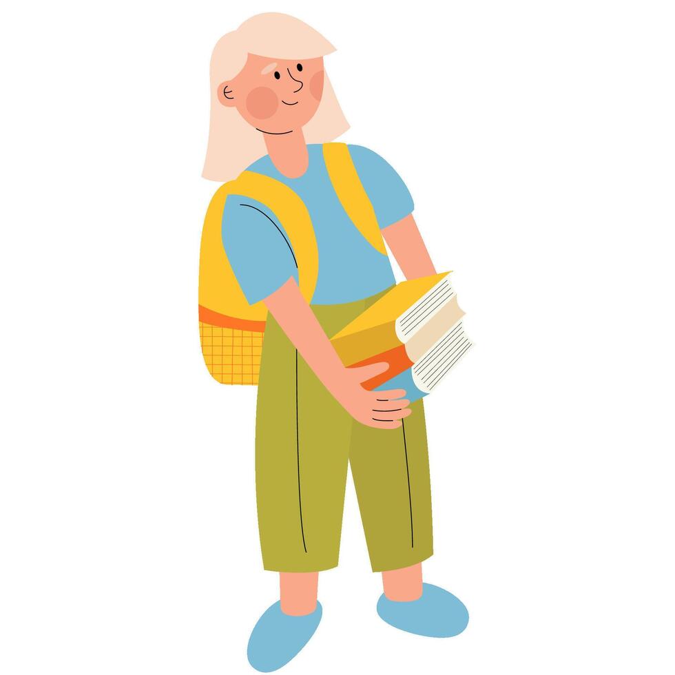 Back to School of kindergarten, girls, child with stack of books. illustration in flat style vector