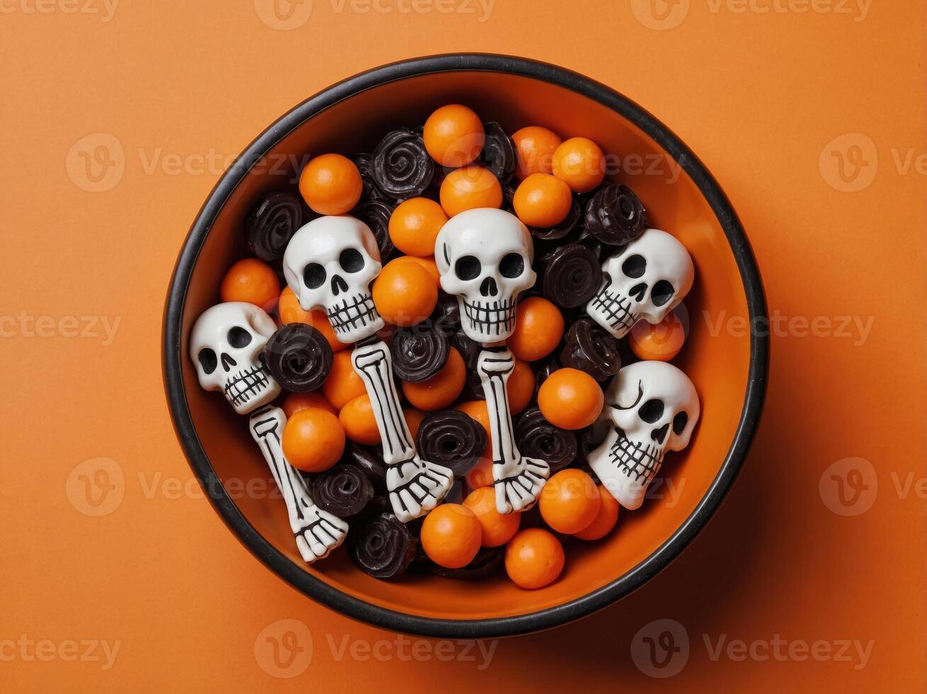 Halloween candy bowl and skeletons hands on orange background Flat lay, top view, copy space. photo