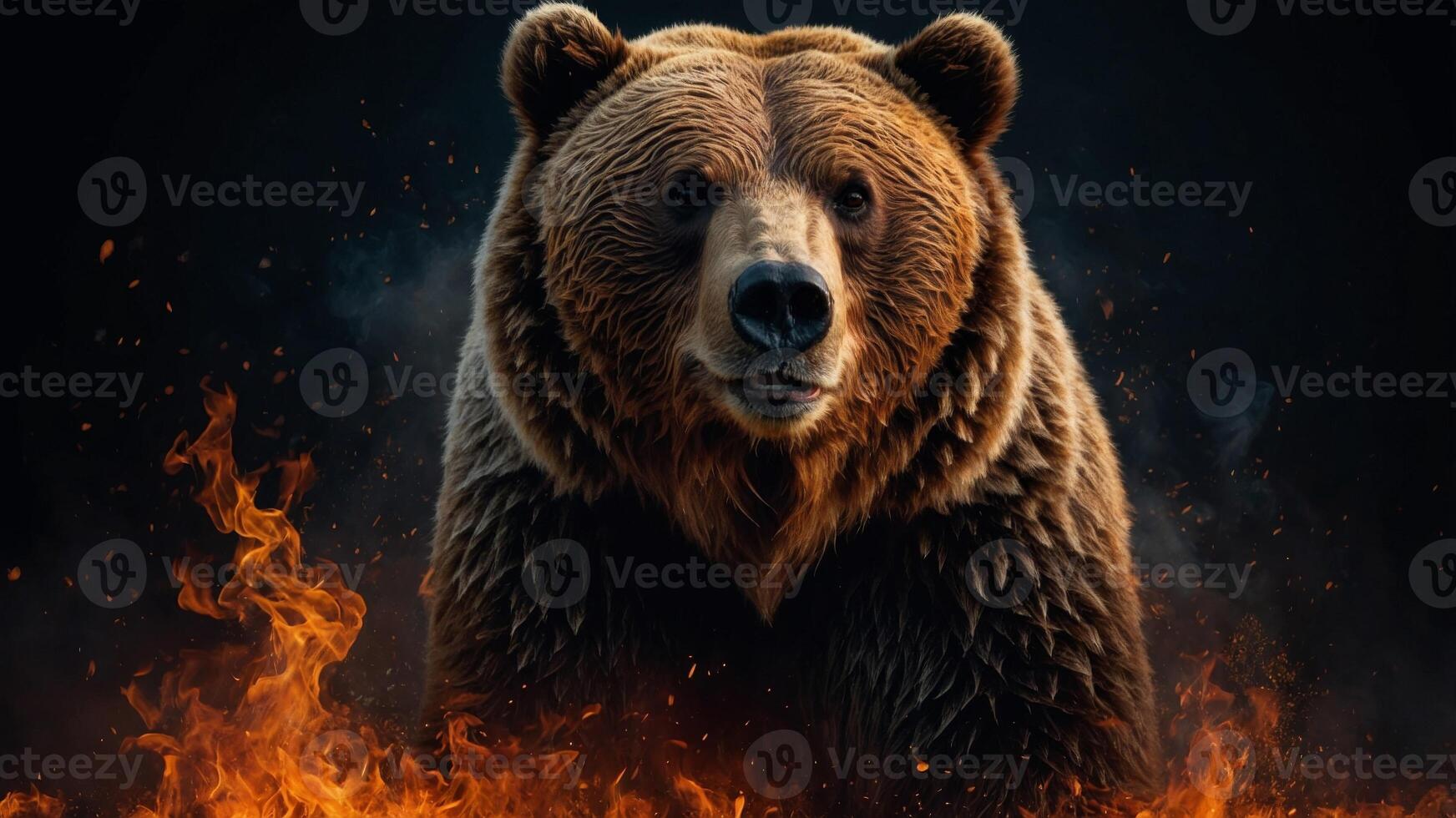 Grizzly Bear Fantasy Horizontal Poster with Ashes, Embers, and Flames on a Black Background Behold a Fiery Fantasy Wild Animal Collection, a Poignant Symbol of Climate Change, Global Warming. photo