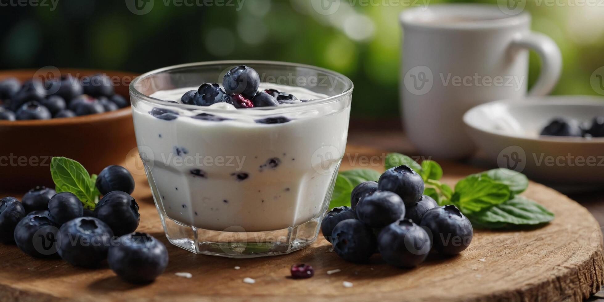 Healthy breakfast with yogurt and blueberries A long banner format for super food vegetarian and vegan options. photo