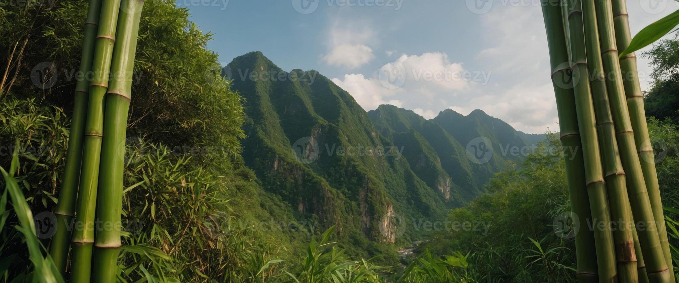 High resolution mockup of a natural bamboo border frame with serene nature scene perfect for eco friendly design themes. photo