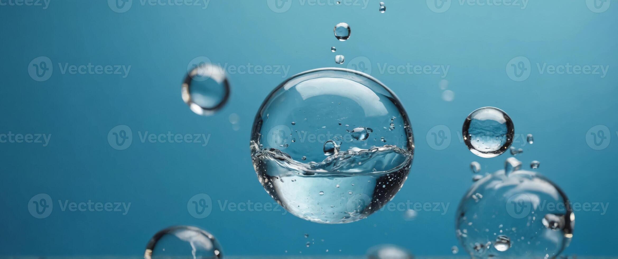 H2O water bubbles on a light blue background Water chemical formula. photo