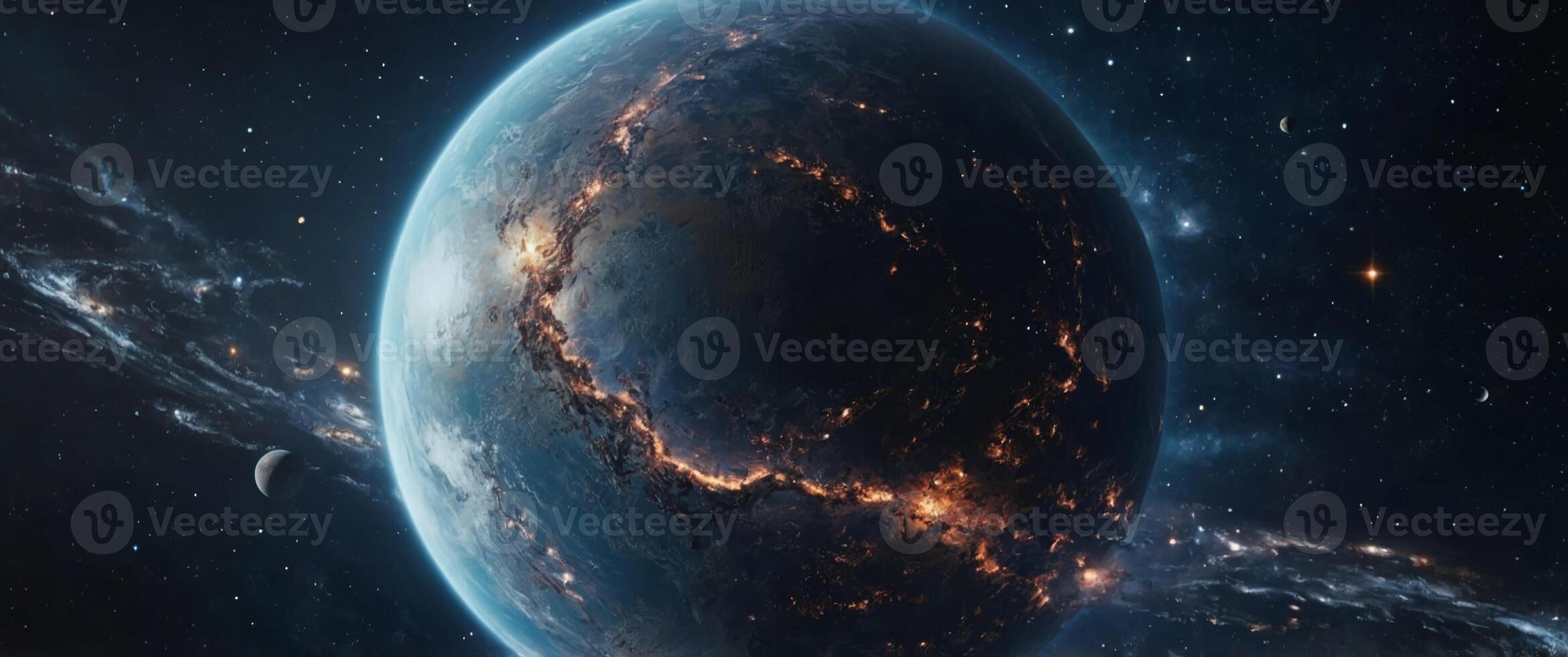 Futuristic cosmic galaxy planet starry sky, planetary starry space metaverse science and technology future aerospace concept. photo