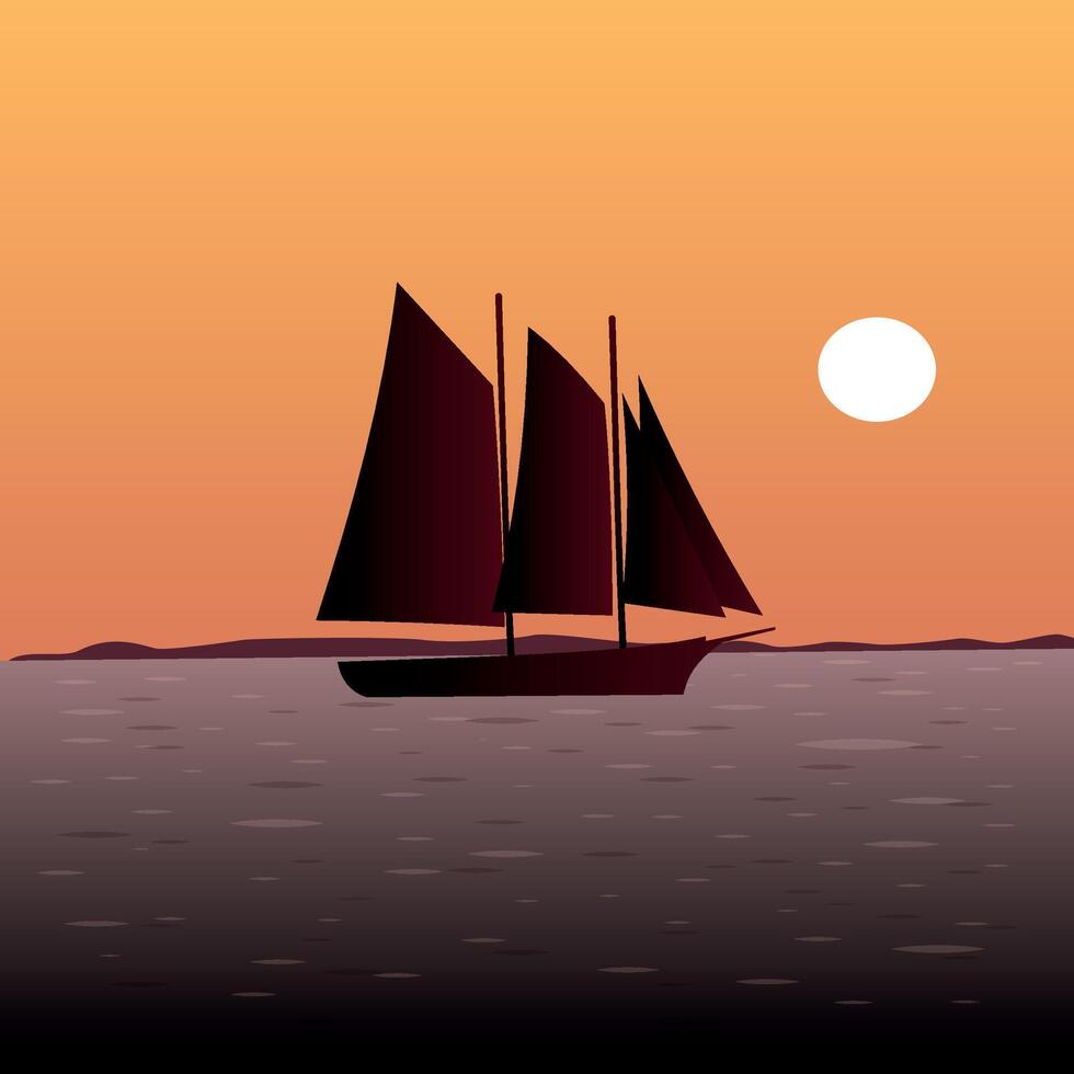 Sailboat at sunset on the ocean, simple illustration with gradient tones vector
