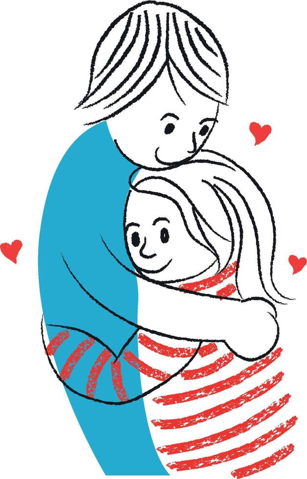 hug between friends with hearts in children's illustration vector