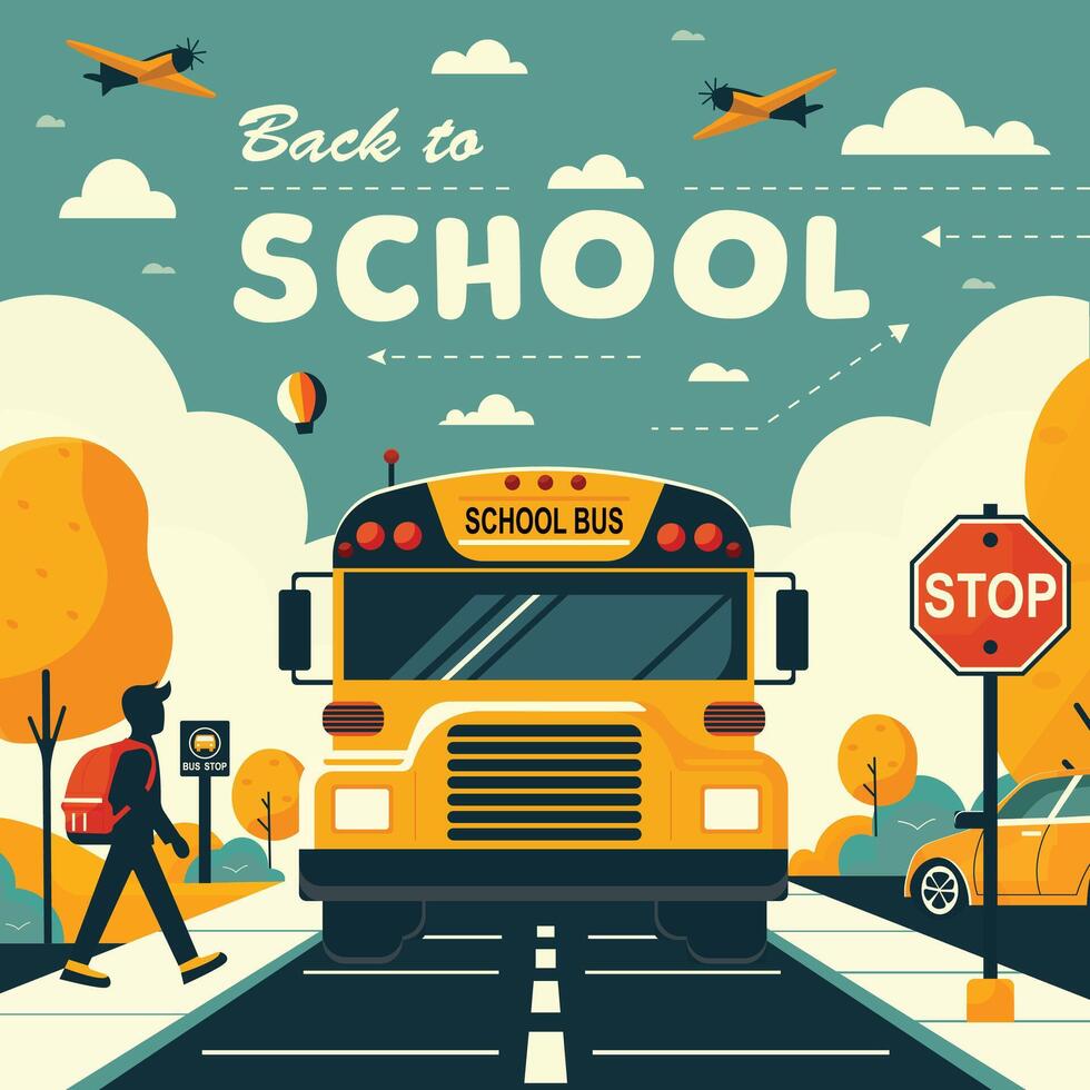 Back to school poster design with school bus and student in retro colours vector