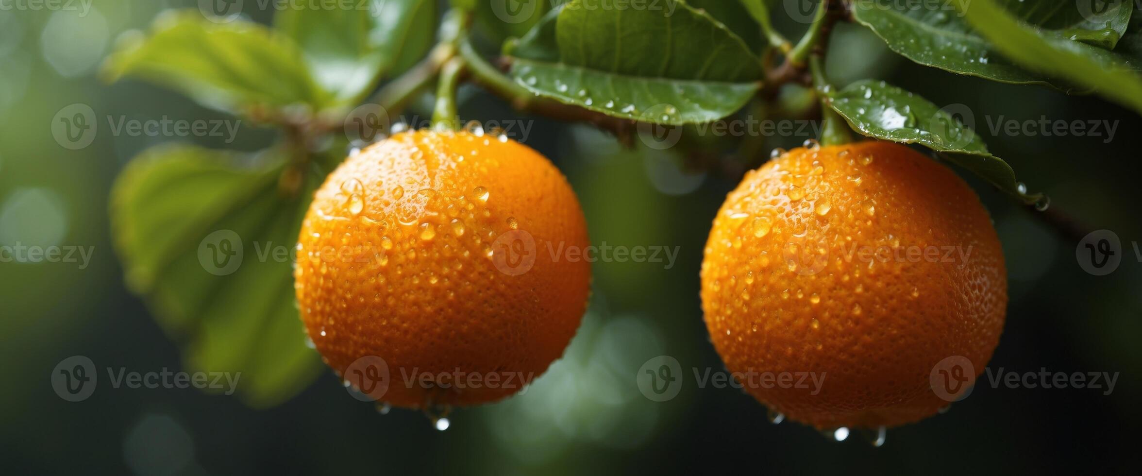 Macro close up of juicy orange fruit on tree with dew drops, ideal as banner with space for text. photo
