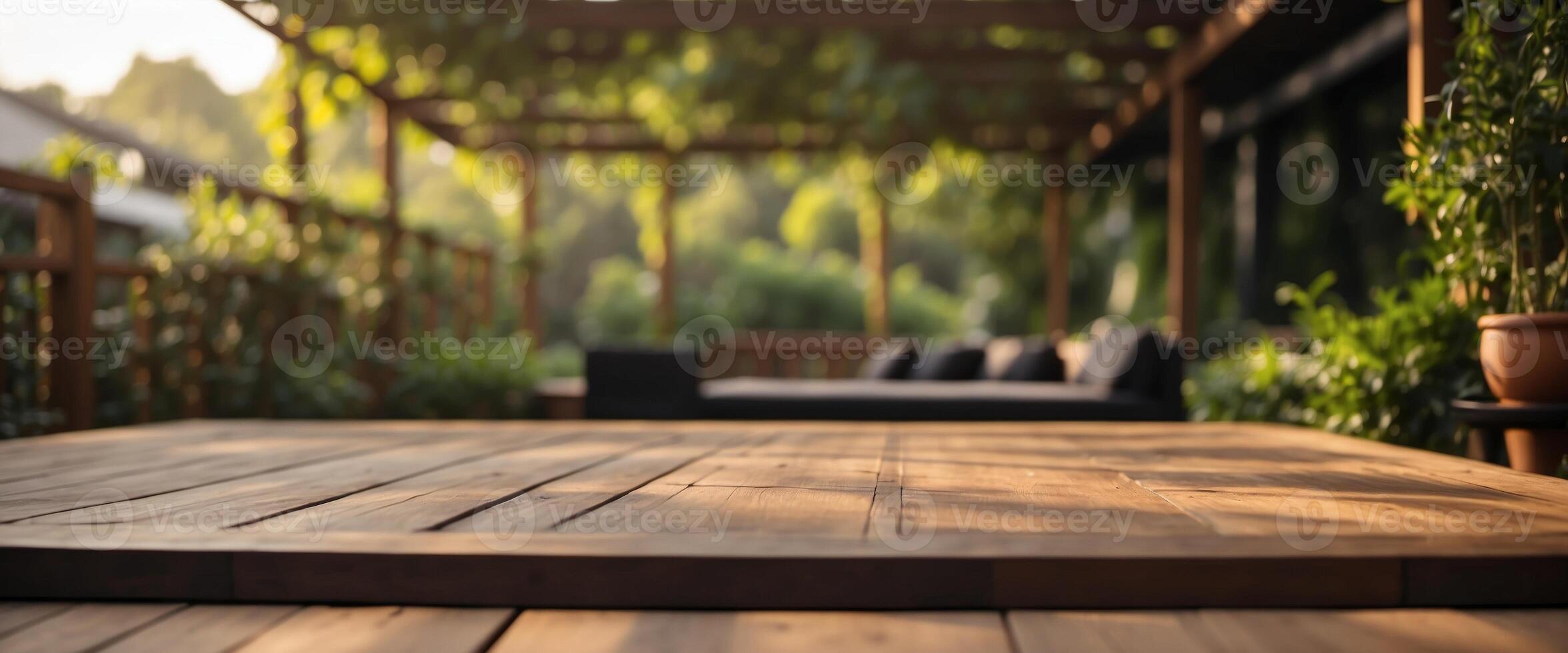 Luxurious morning garden showcasing exquisite teak wood deck and sophisticated black pergola design. photo