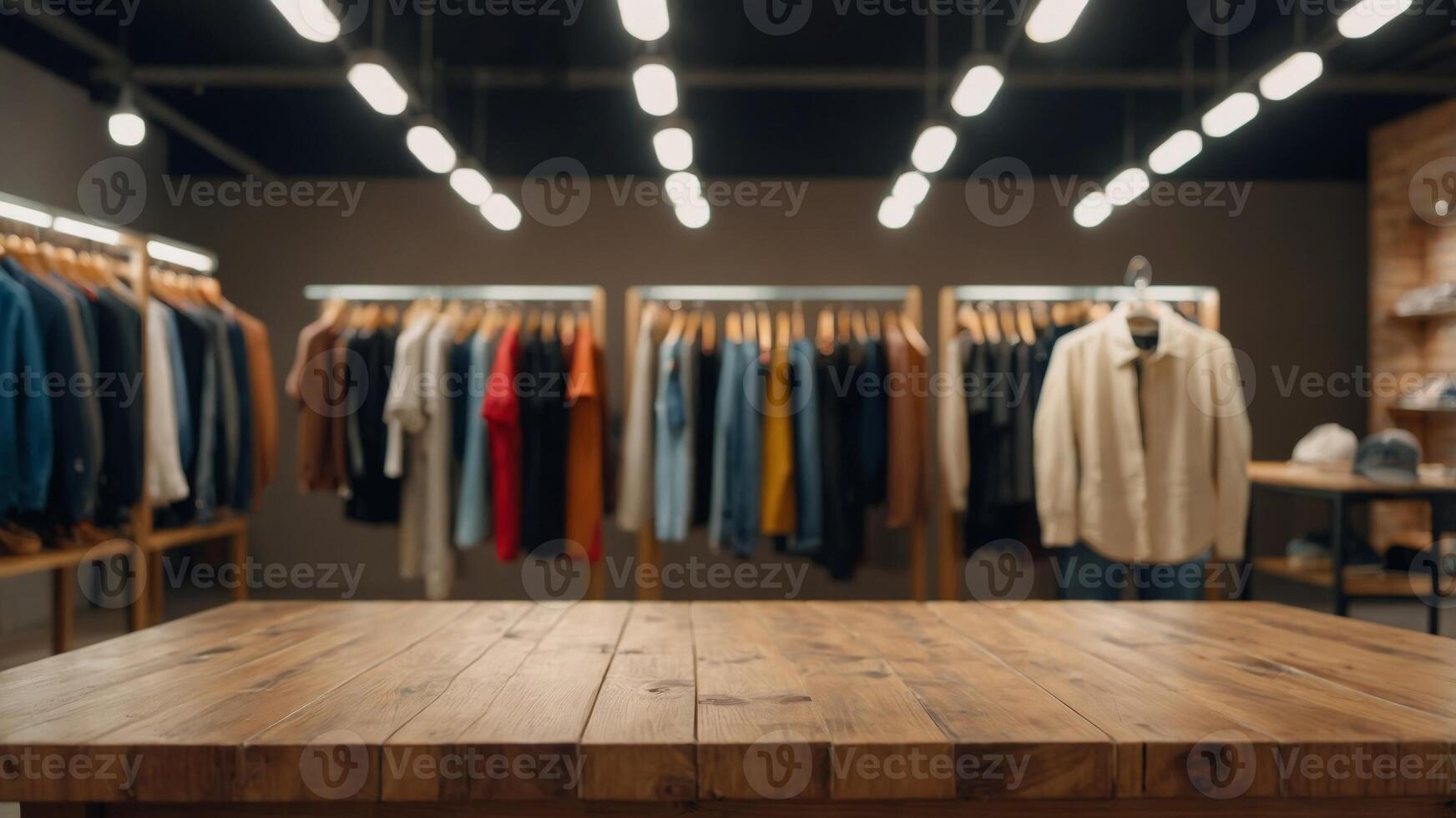 Light wooden table in a clothing store with a blurred background, copy space. photo