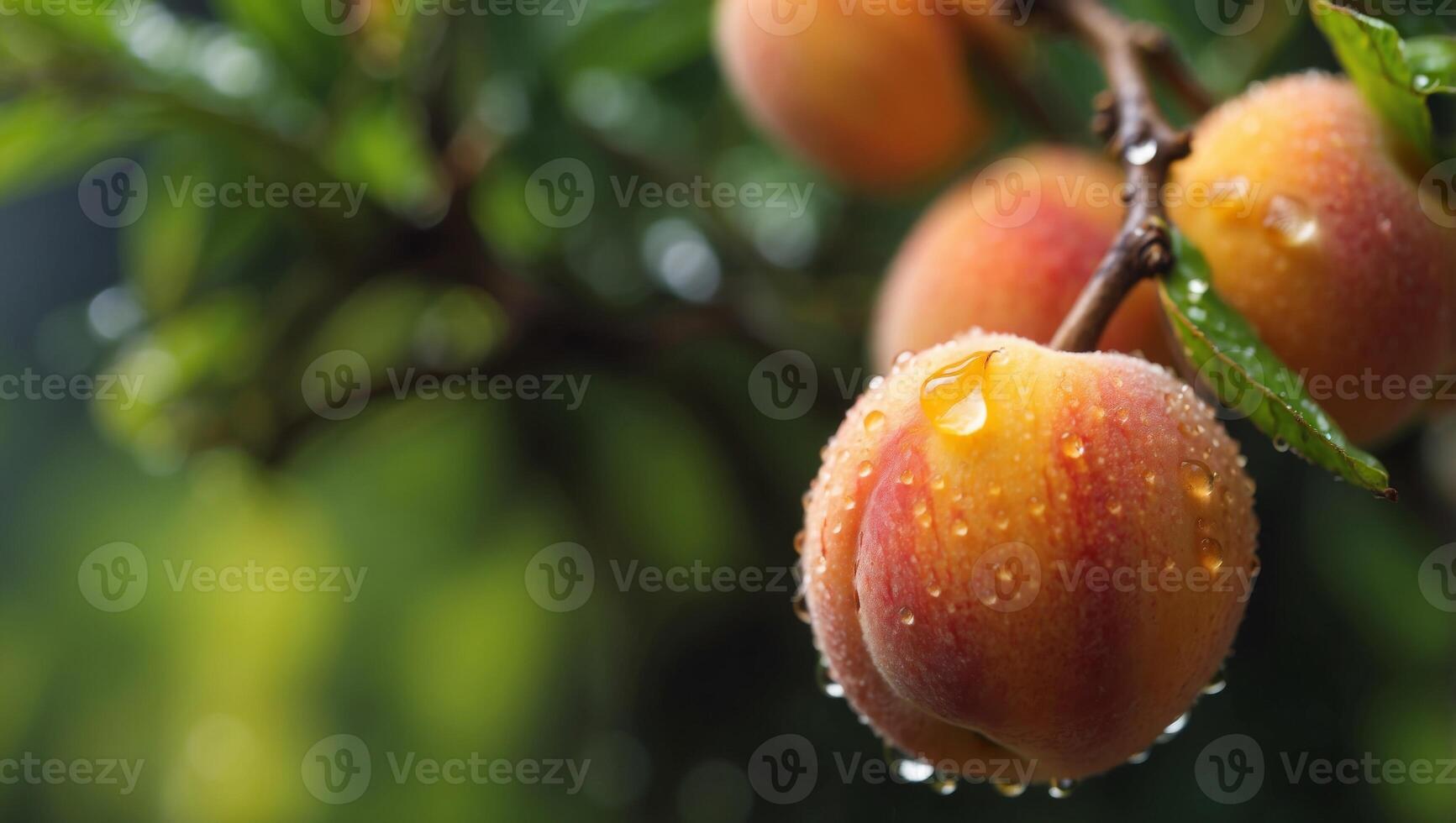 Macro close up of fresh peach with dew drops hanging on tree, wide banner with copy space. photo