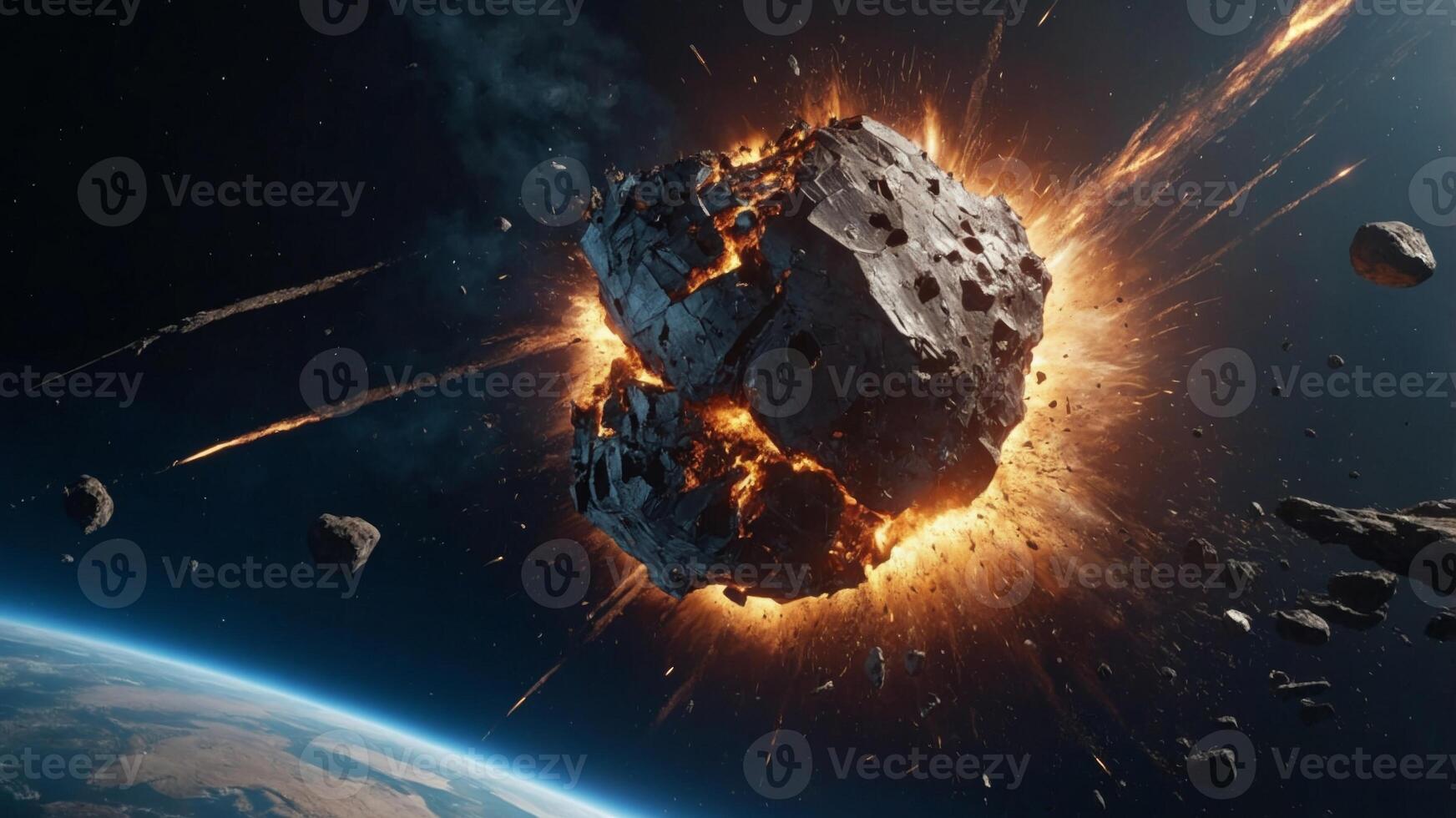Meteor or space debris blows up the planet , safe nature earth day concept. photo