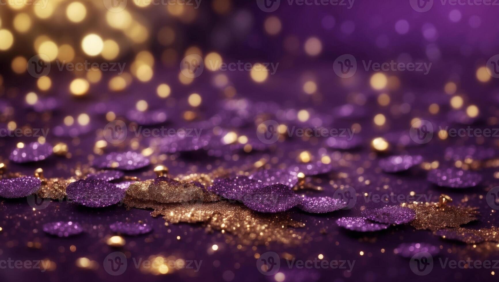 Gorgeous purple violet and gold glitter bokeh background with a captivating shining texture. photo