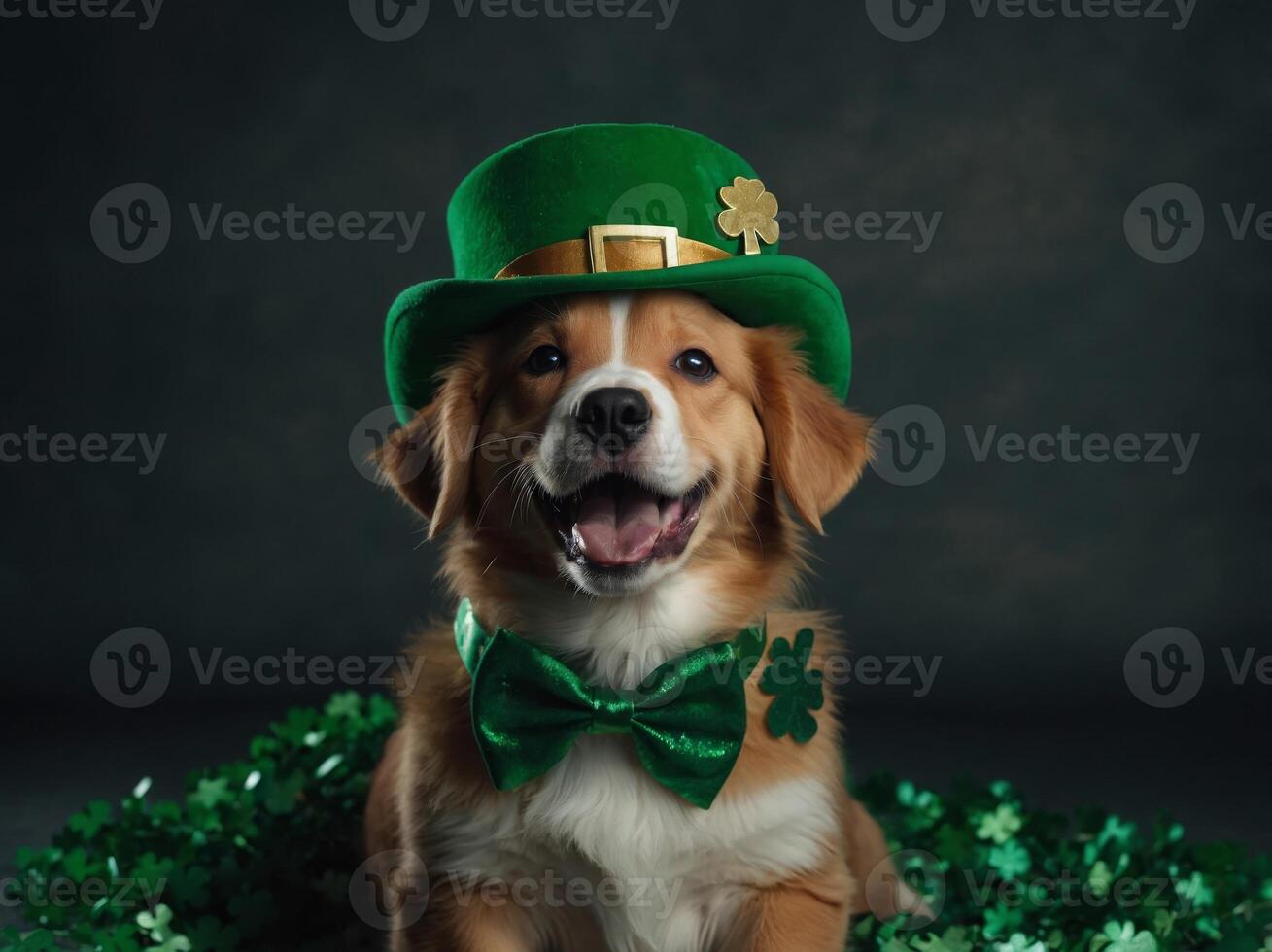 Joyful puppy in St Patrick s hat celebrating. photo