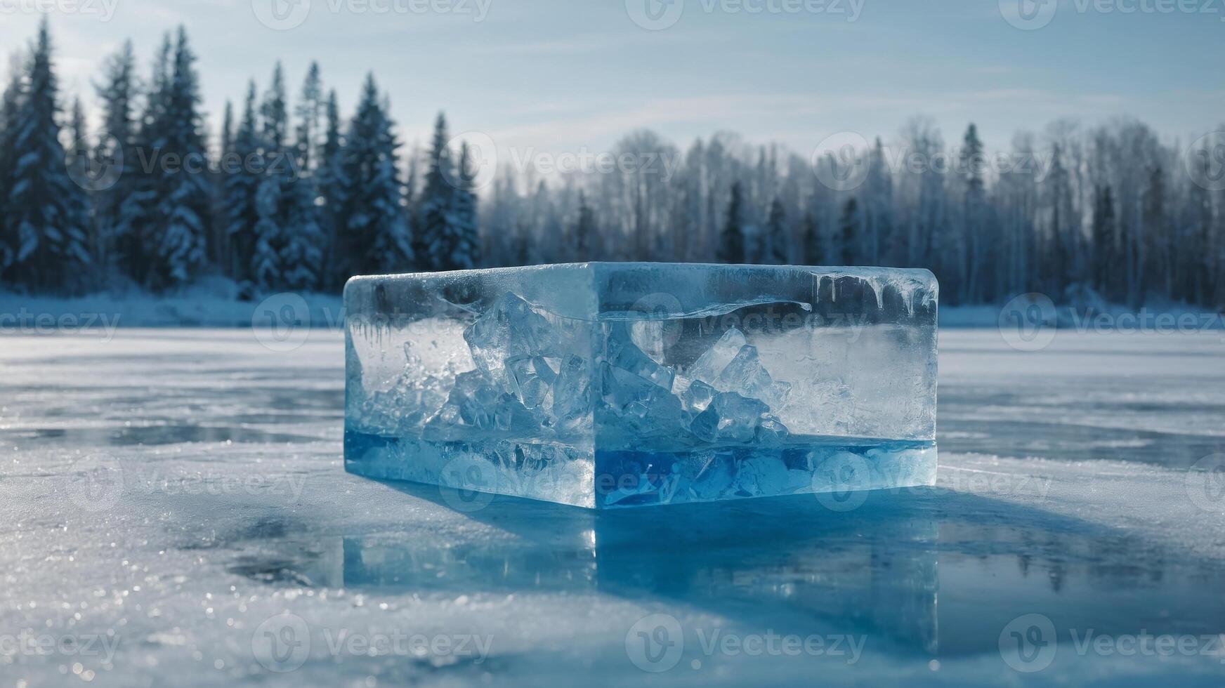 Midwinter scene with a translucent blue podium on a frozen pond, enhancing the allure of ice skating accessories or winter collectibles. photo