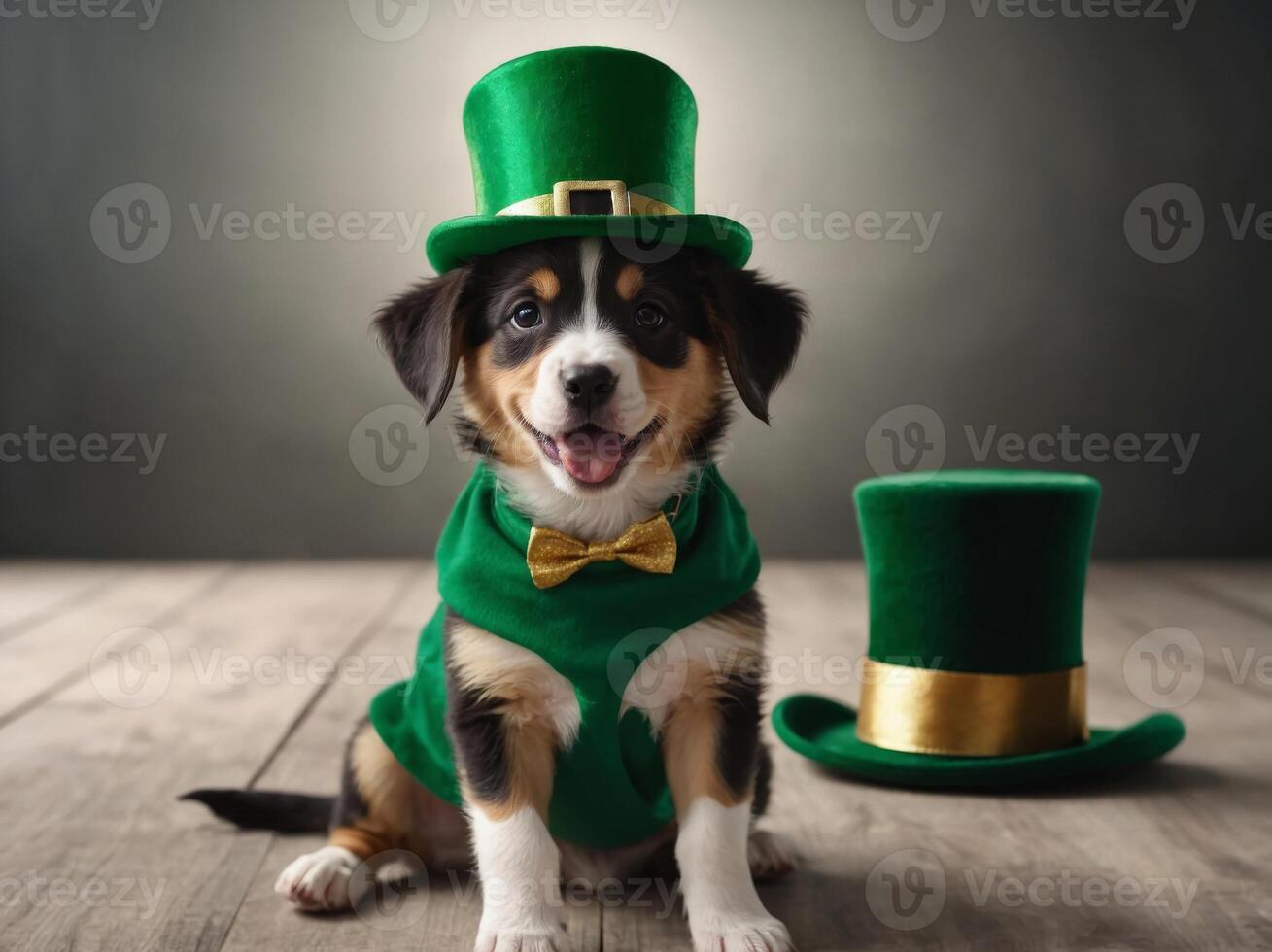 Joyful puppy in St Patrick s hat celebrating. photo