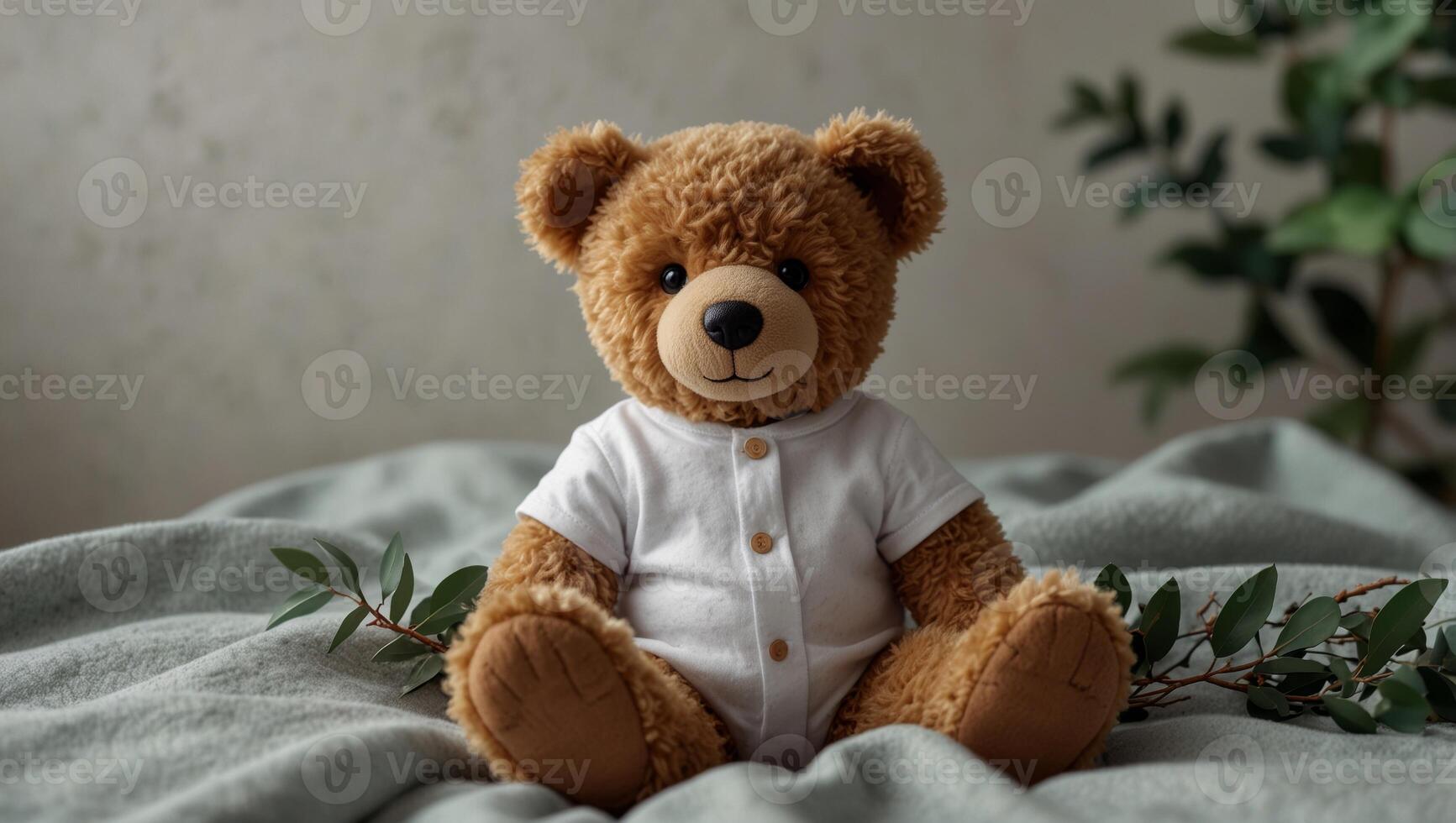 Infant onesie mockup with teddy bear toy and eucalyptus branch on white blanket background. photo