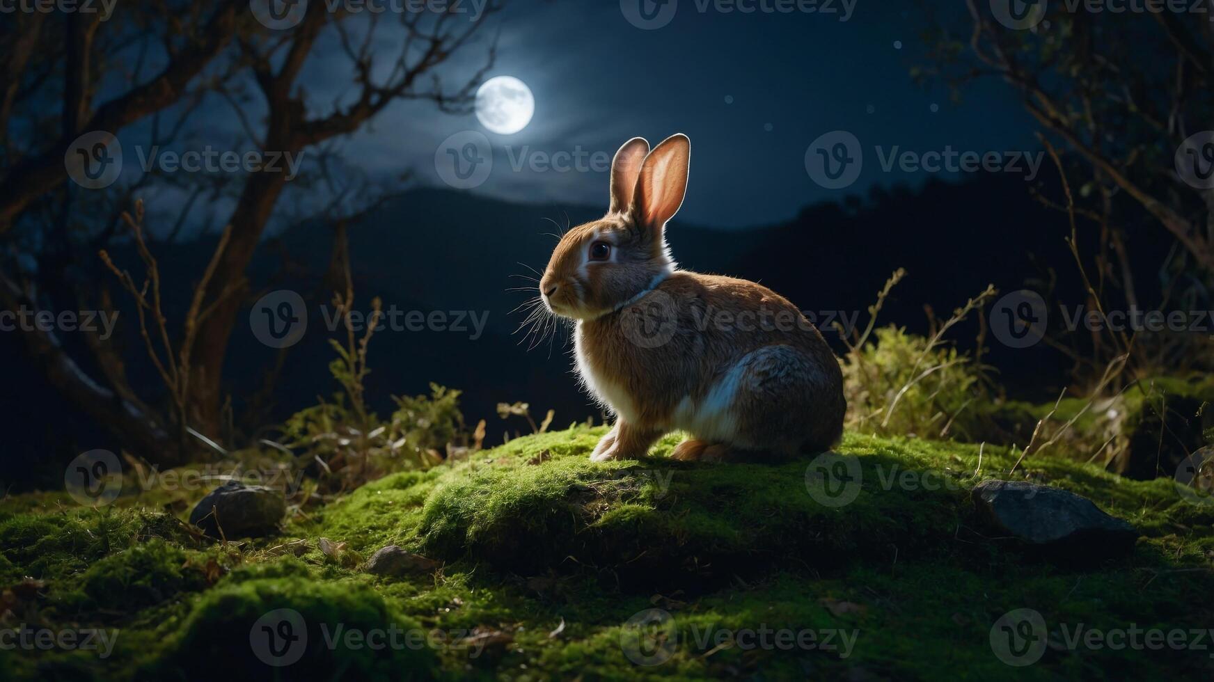 In a captivating nighttime scene, a rabbit sits peacefully on a mossy knoll under the glow of a full moon, surrounded by twinkling lights. photo