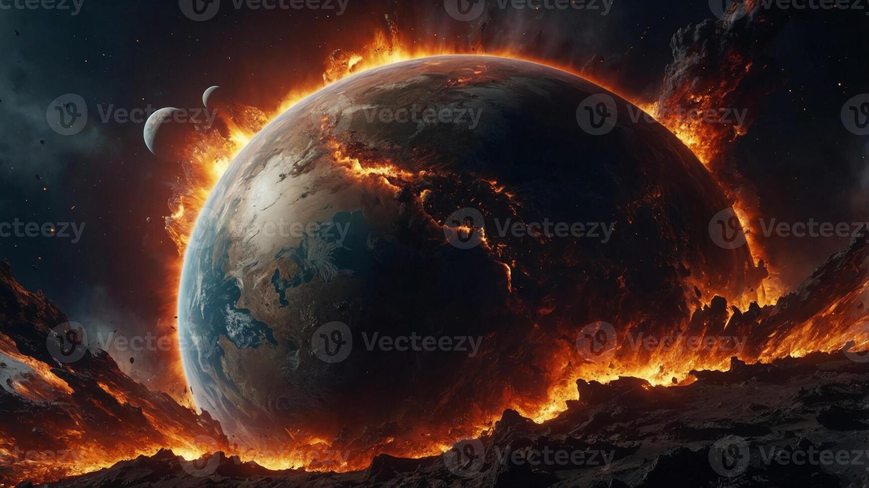 Immerse yourself in the haunting beauty and devastation of a planet explosion, as fiery plumes of energy erupt from its surface,. photo