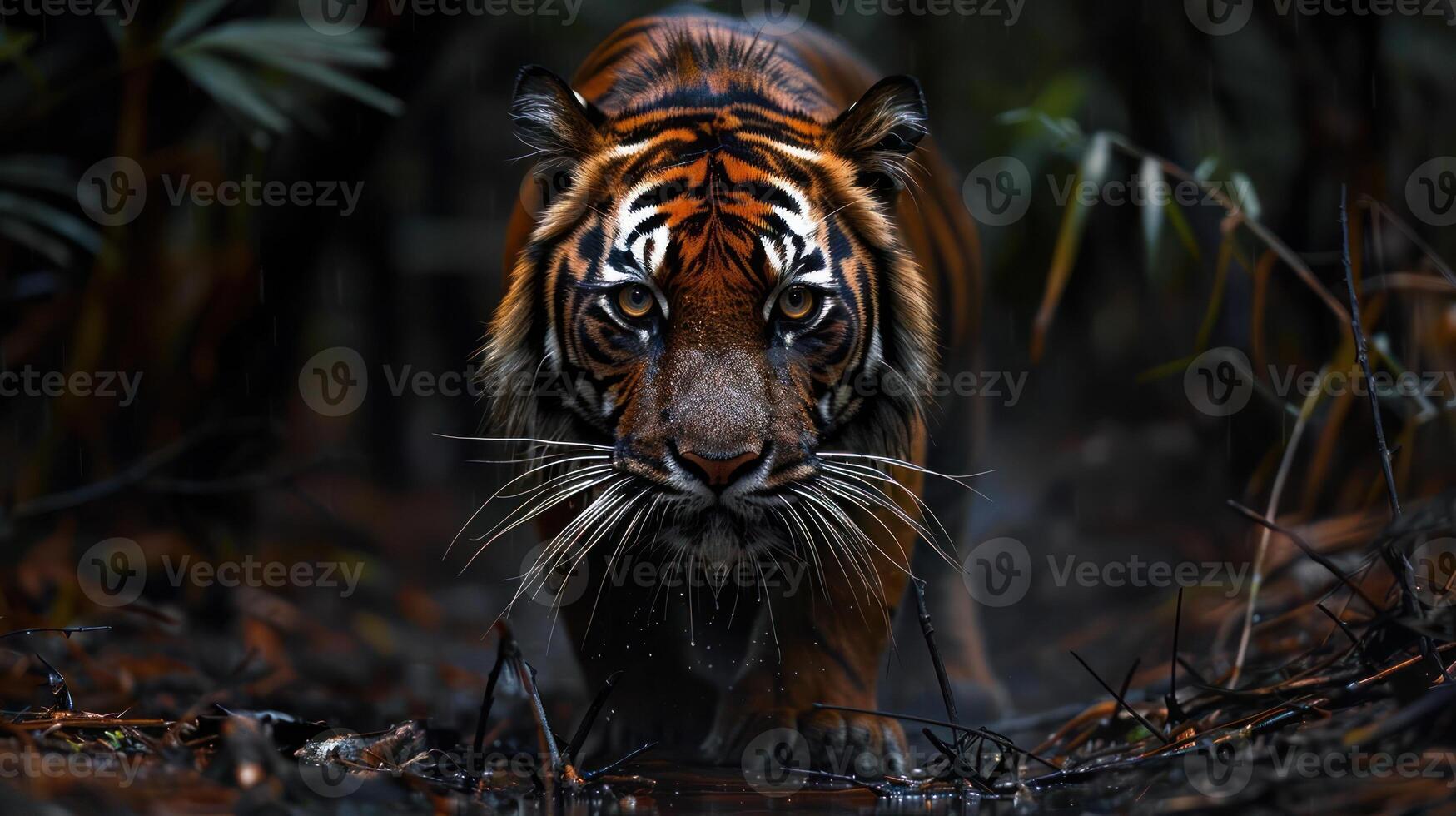 a tiger walking through the woods with its eyes open photo