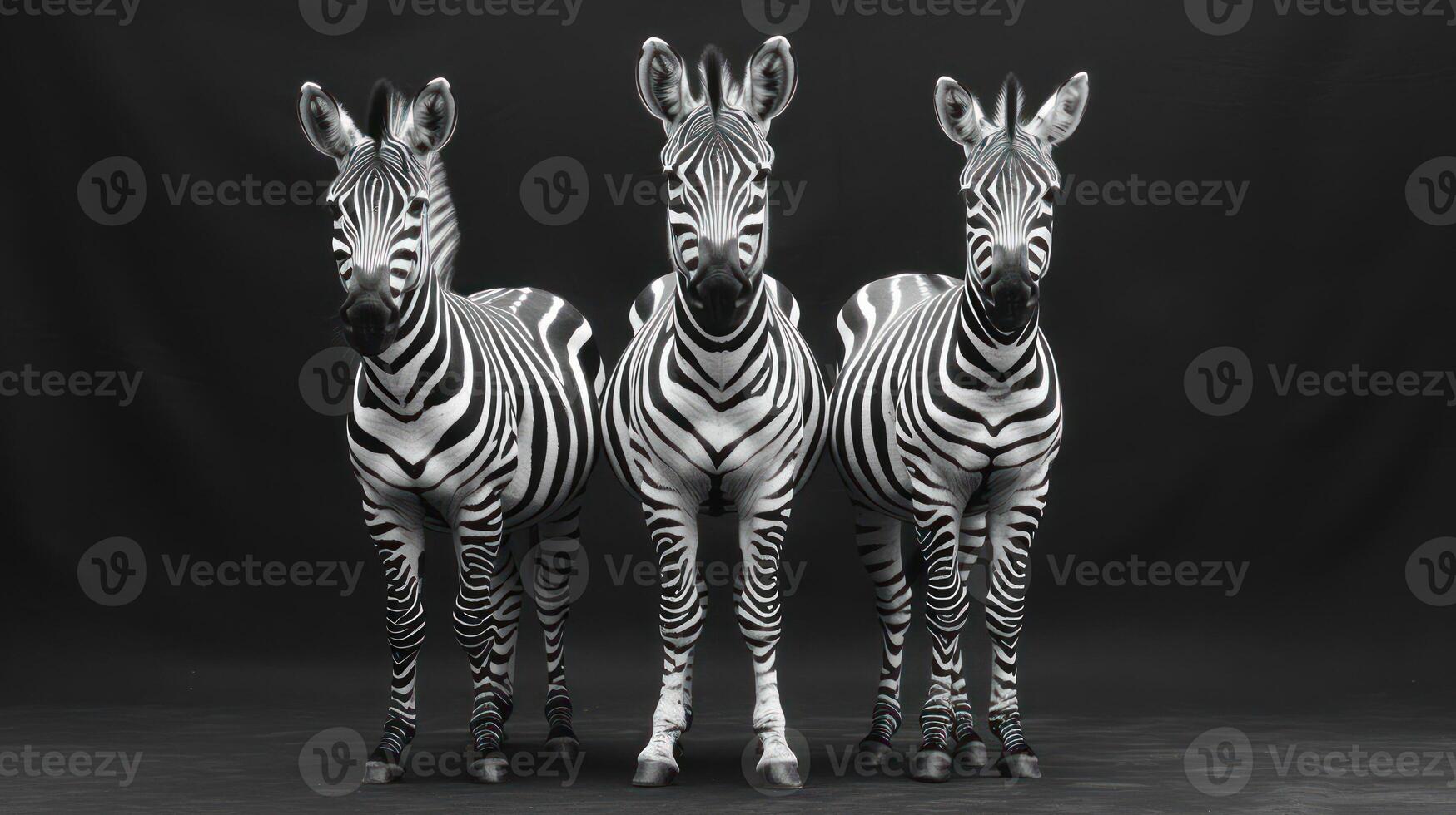 three zebras standing in a row in front of a black background photo