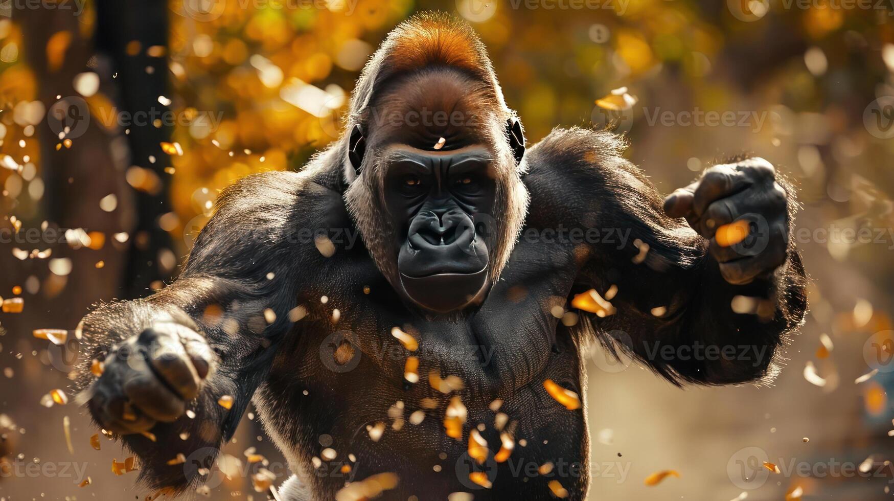 araffe with its arms out in the air and falling leaves photo
