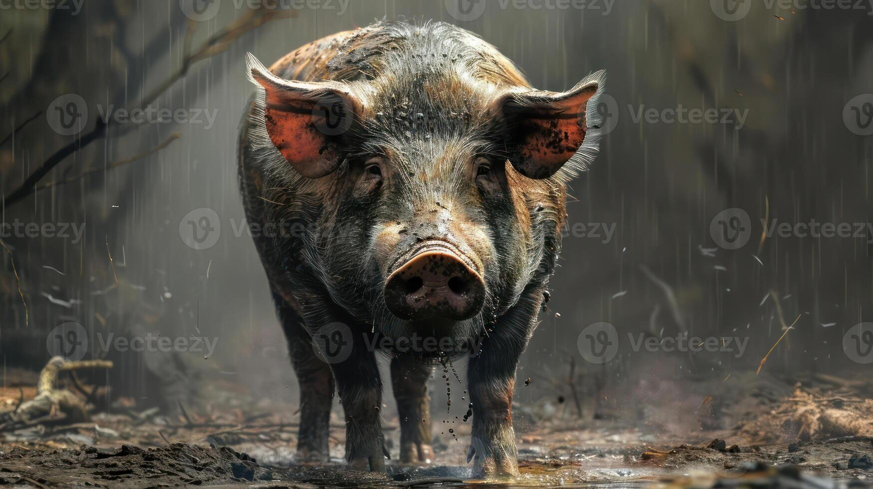 a pig that is standing in the dirt photo
