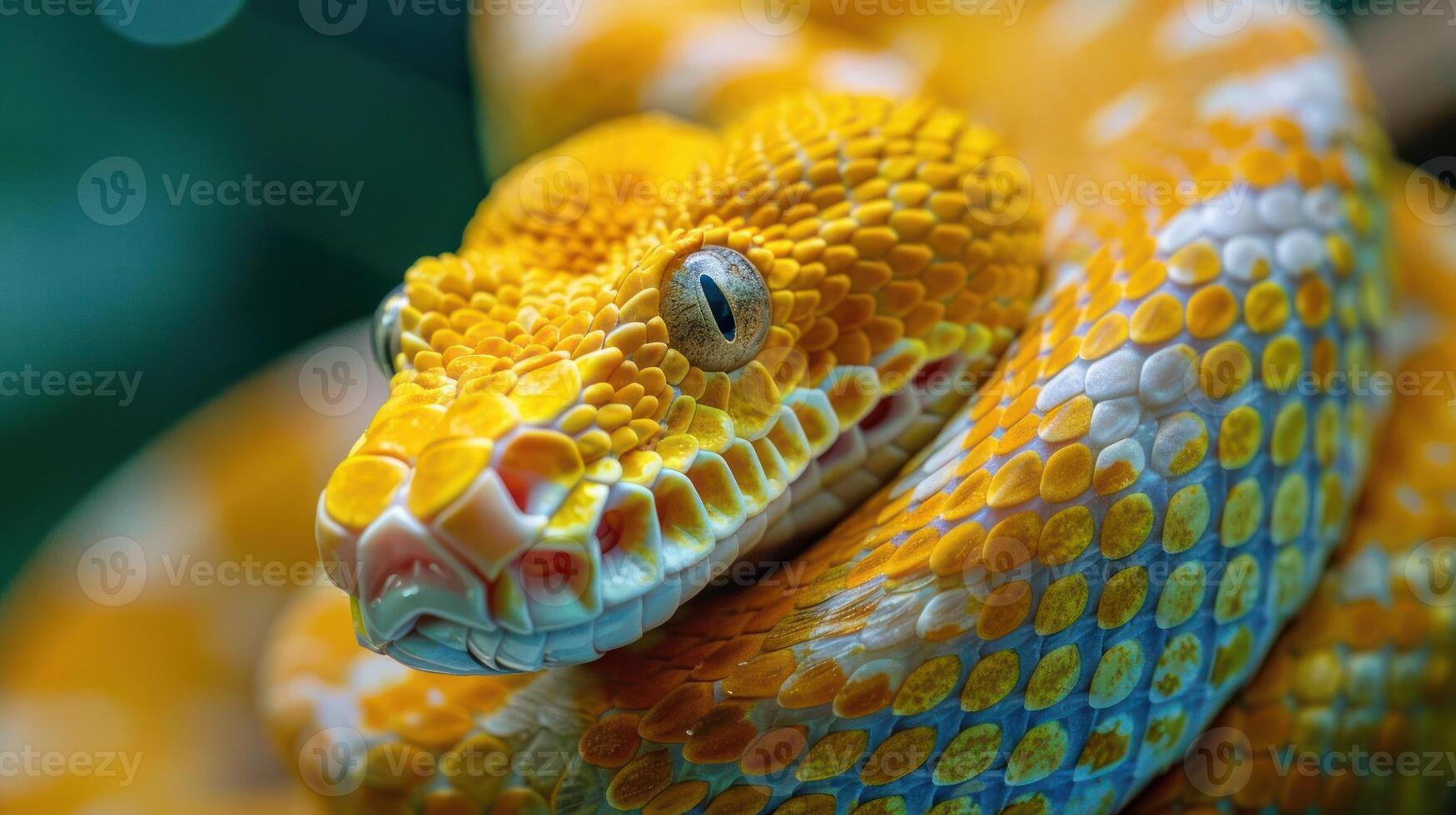 a close up of a yellow snake with a blue and white pattern photo
