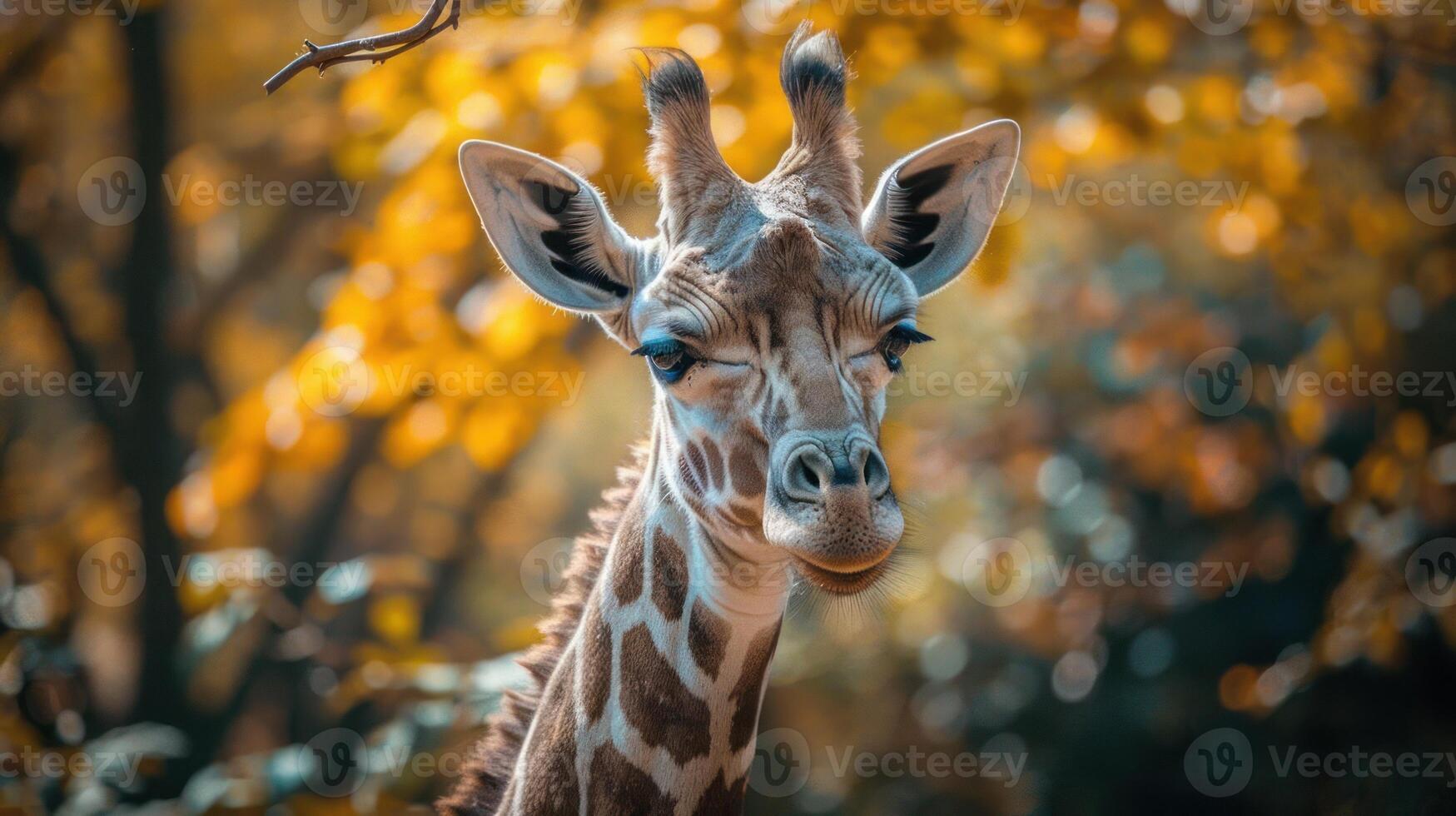a giraffe that is standing in the woods looking at the camera photo