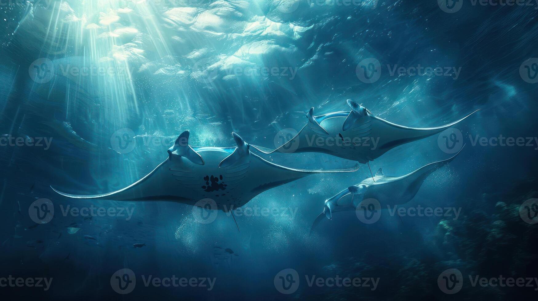 three manta rays in the ocean with sun shining through the water photo