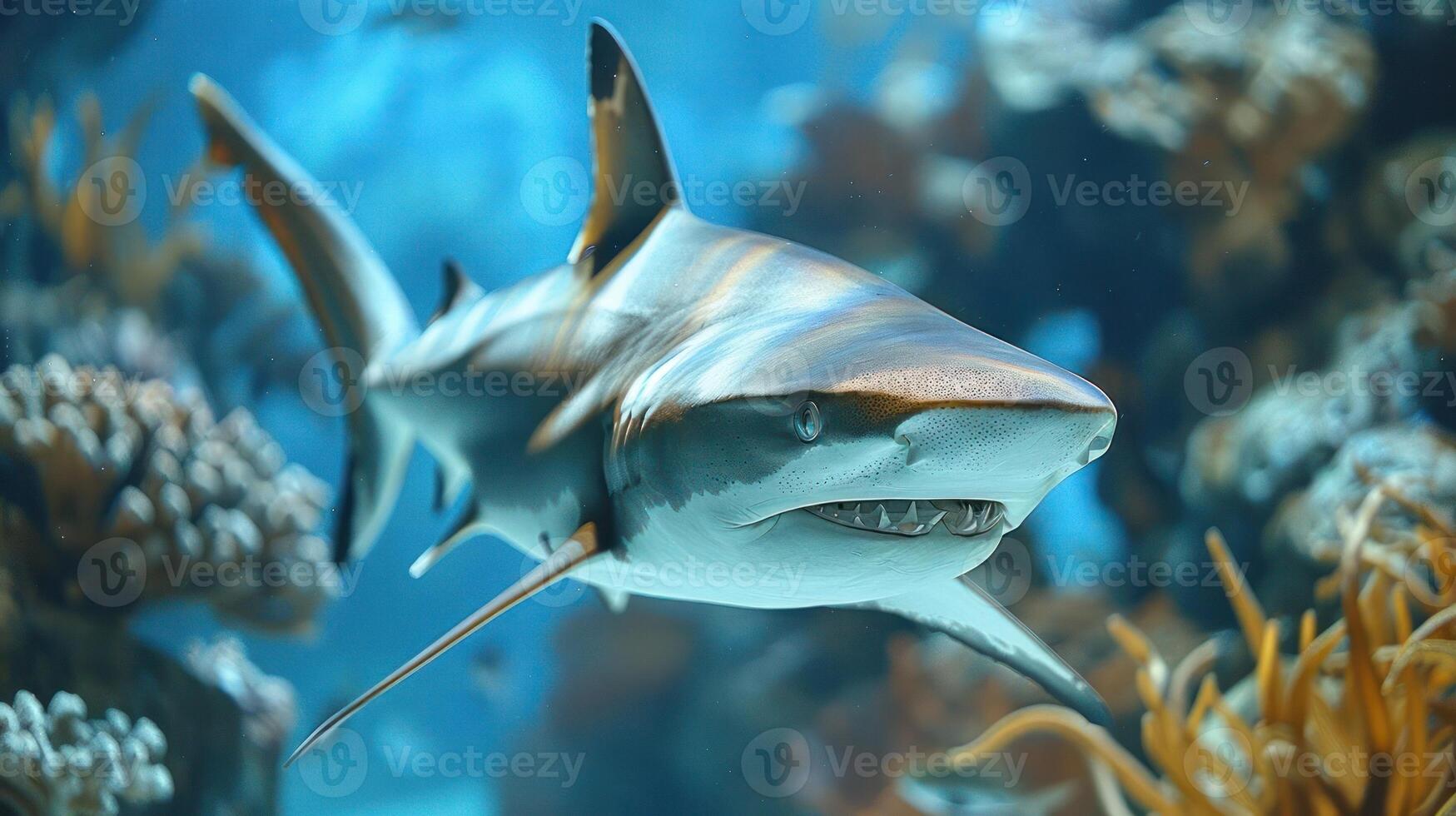a shark swimming in a tank with corals photo