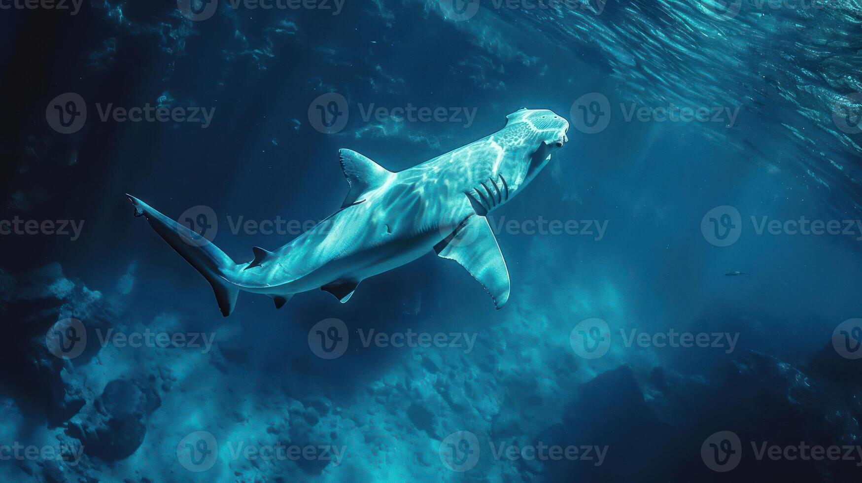 a shark swimming in the water with its mouth open photo