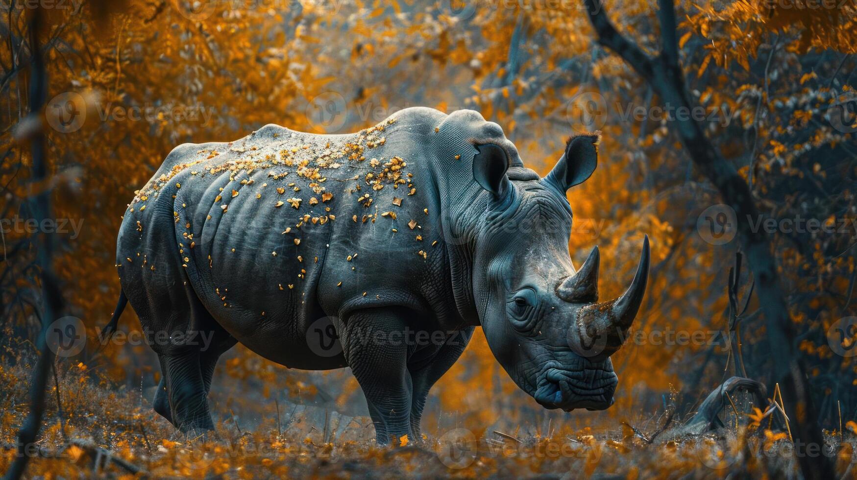 a rhino standing in the middle of a forest photo
