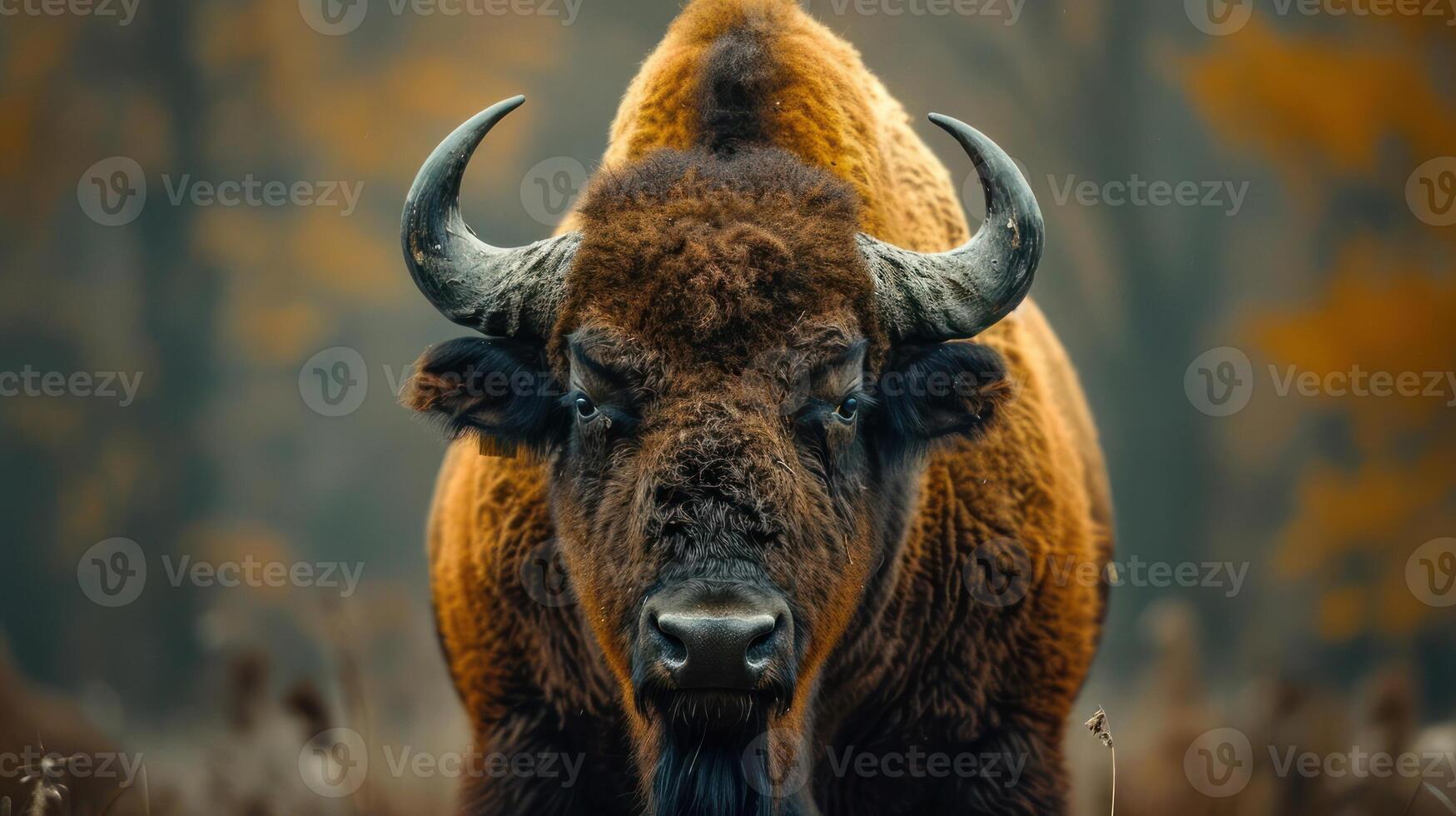a bison with large horns standing in a field photo