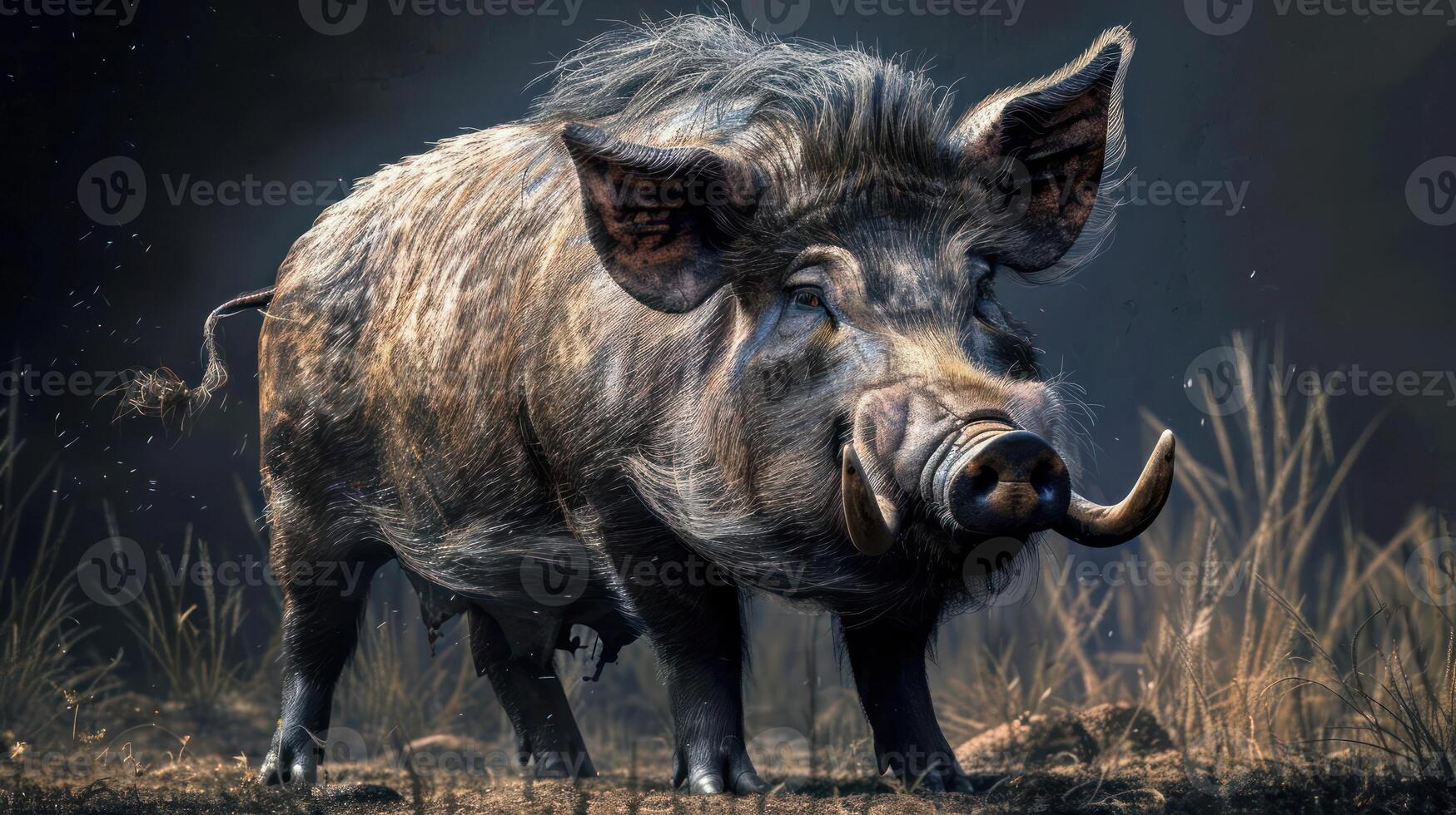 a large boar standing on top of a dry grass field photo