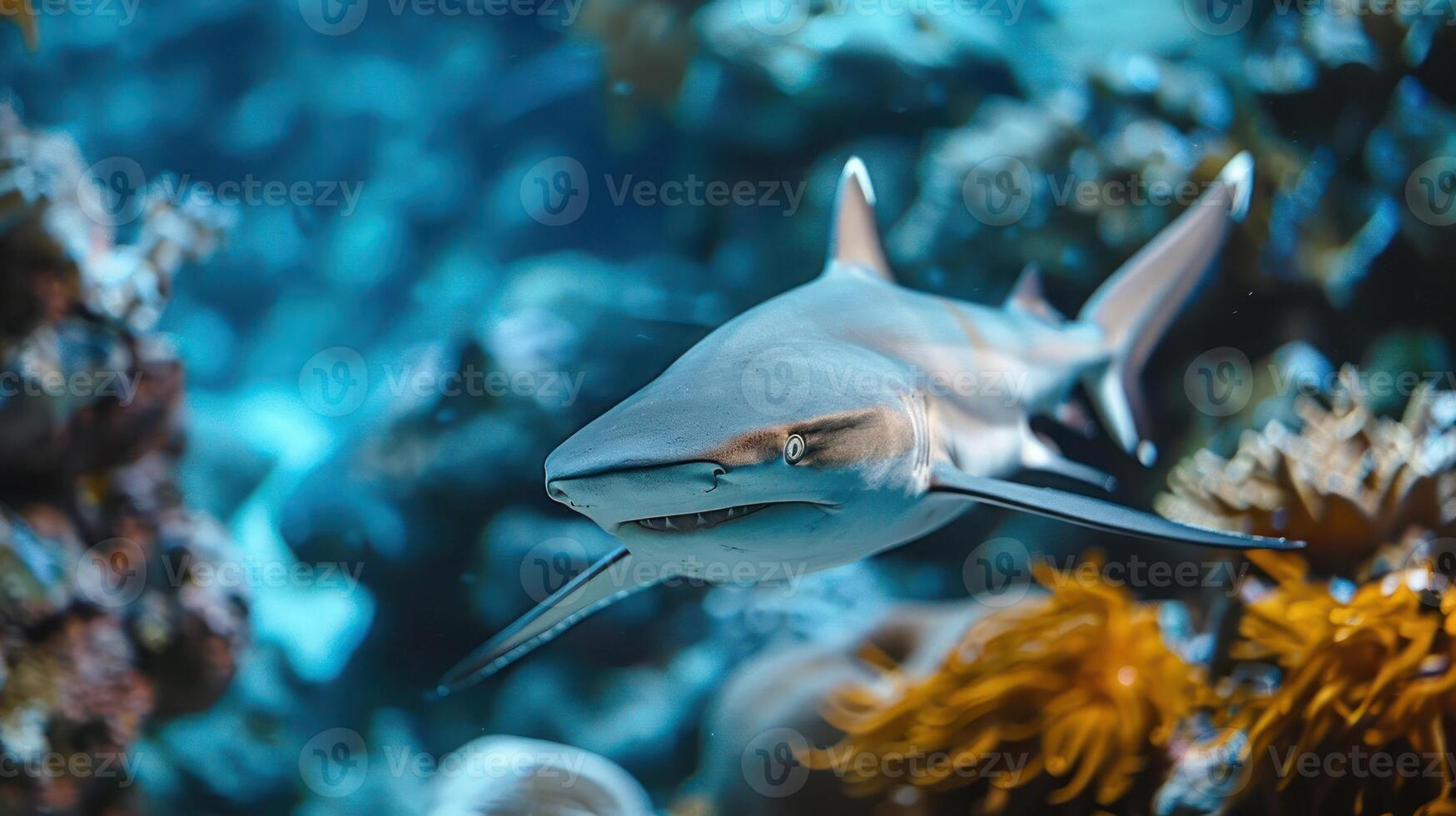 a close up of a shark in a coral reef photo